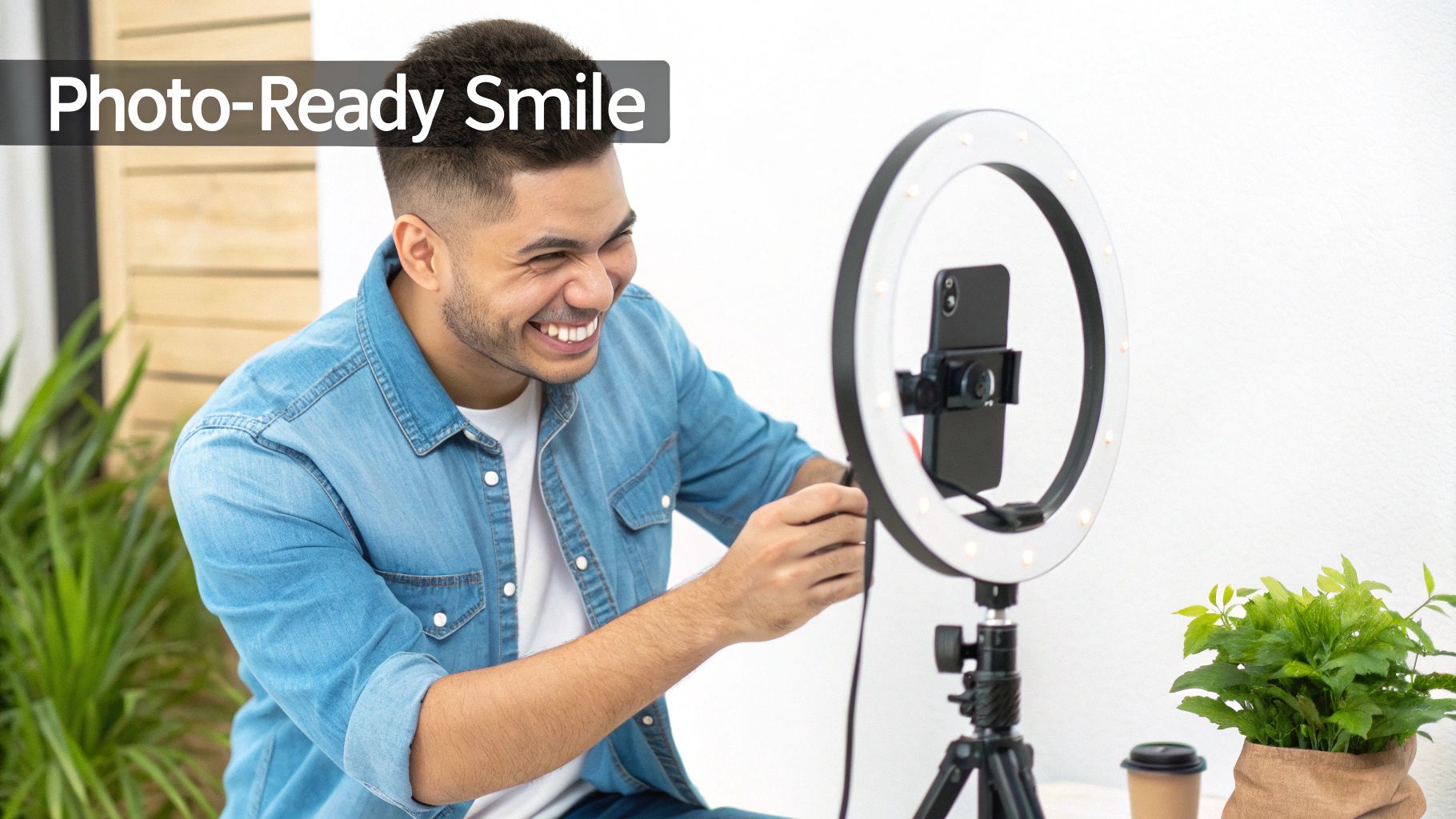 A smiling man in a denim shirt adjusting a phone on a ring light for content creation.
