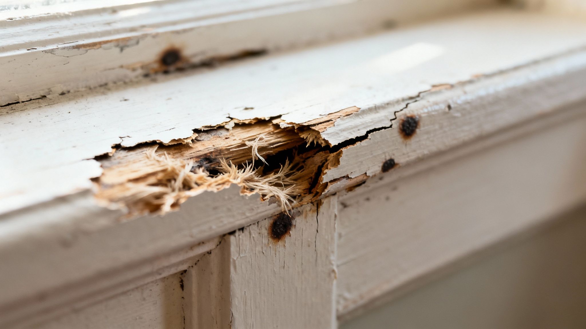Close-up of severely damaged and peeling white paint on a decaying wooden window sill, revealing rotted wood.