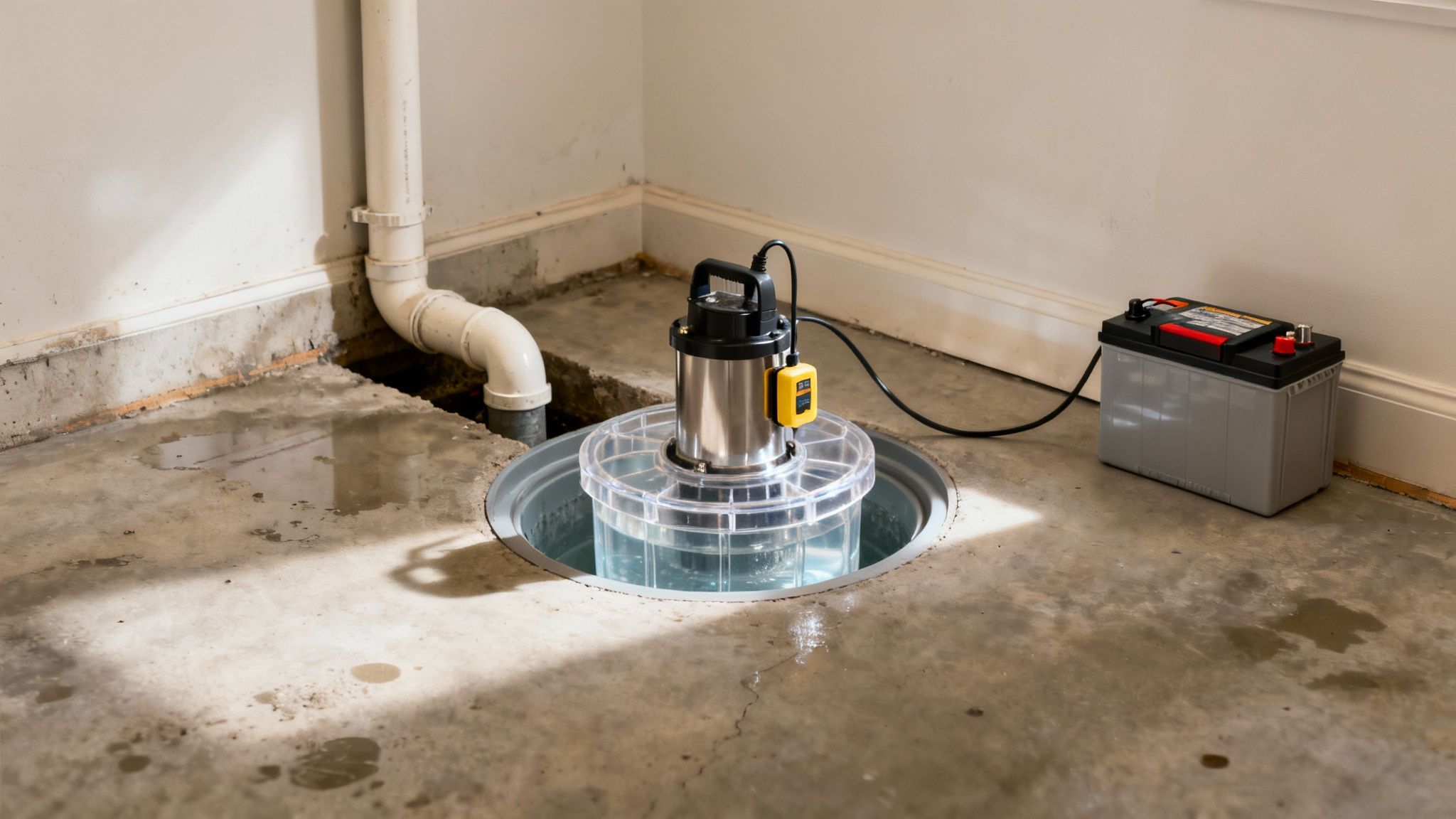 A sump pump with a battery backup system installed in a wet basement corner with a drain pipe.