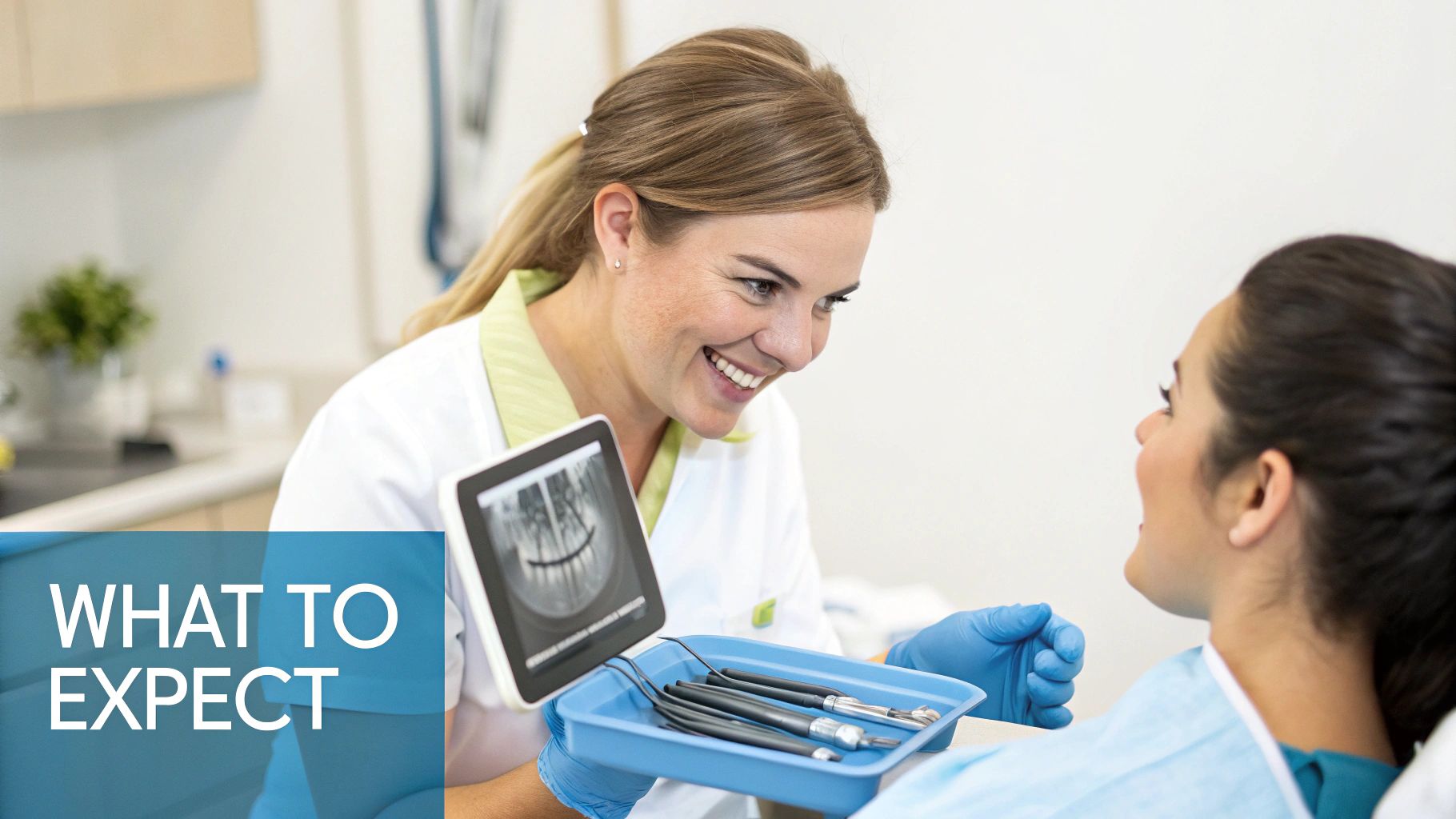 A smiling dentist shows a patient their dental X-ray on a tablet, discussing treatment.