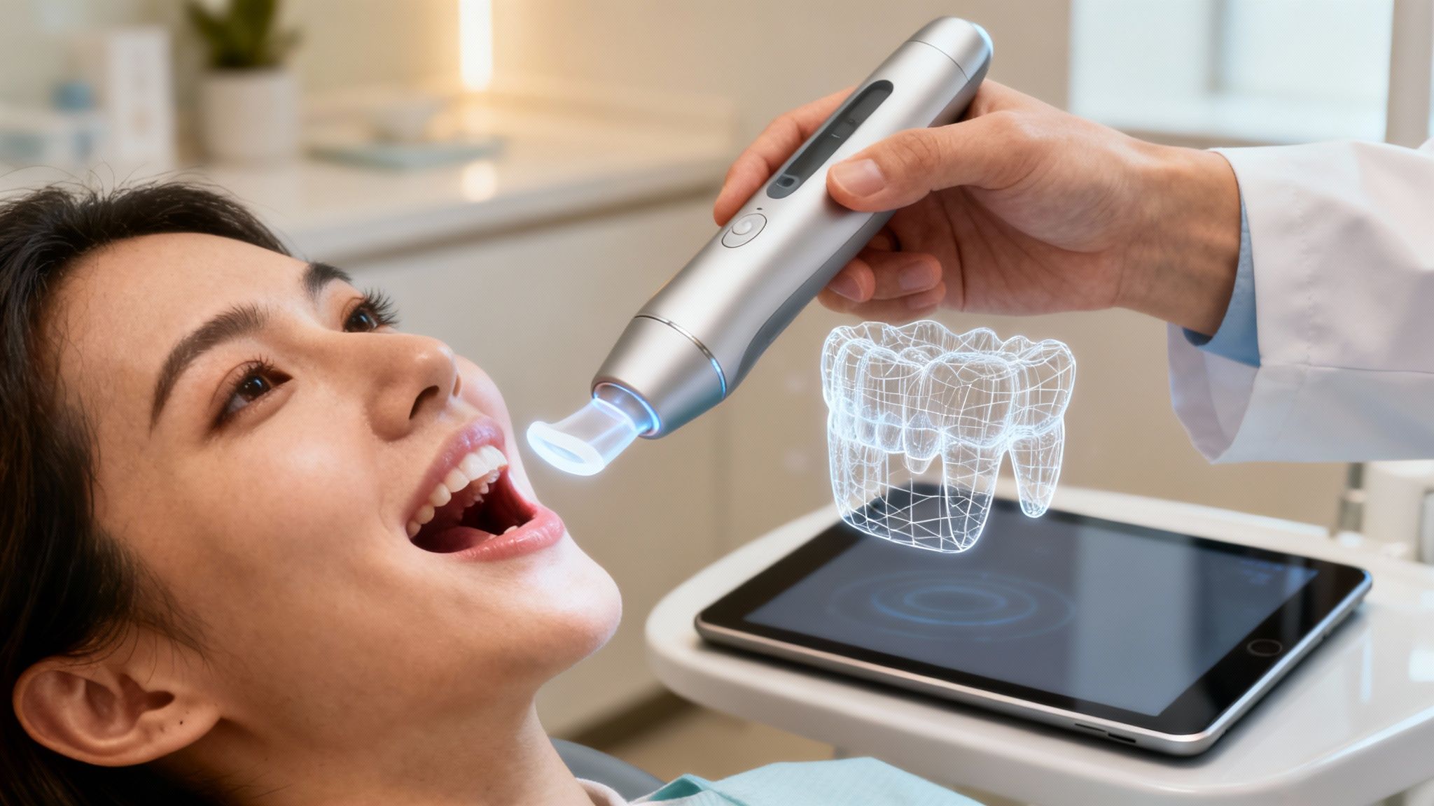 A dentist uses a digital intraoral scanner on a patient, showing a holographic 3D teeth model.