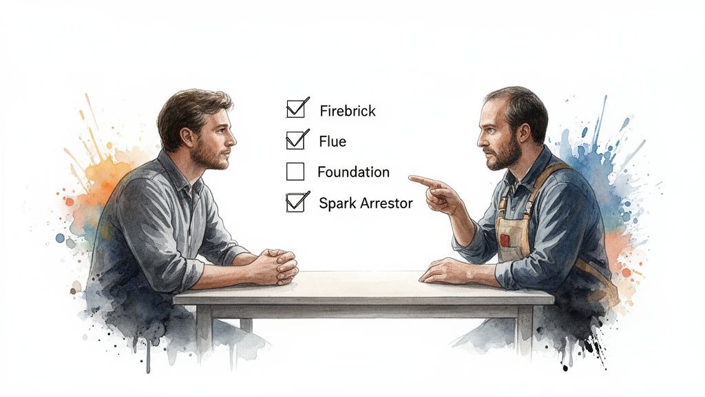Watercolor illustration of two men discussing a fireplace checklist with firebrick, flue, and spark arrestor checked.