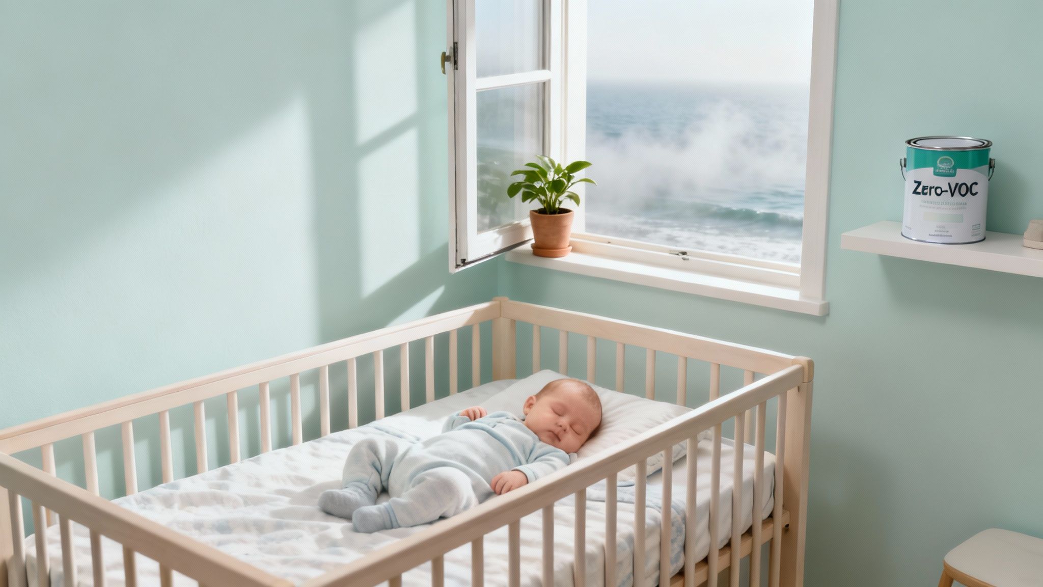 A child helping a parent paint a wall with a roller, both smiling.