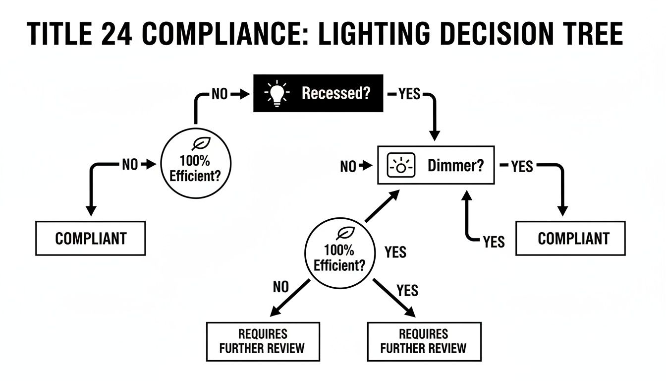 A Title 24 compliance lighting decision tree flowchart guides through recessed lights, dimmers, and efficiency.