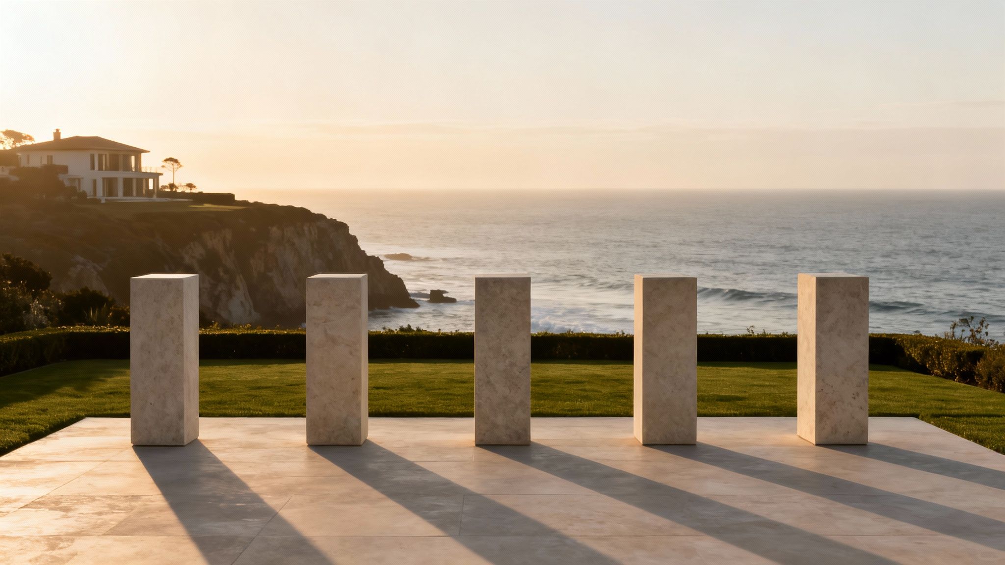 Five stone pillars on a patio overlooking a luxury oceanfront home at sunset with long shadows.