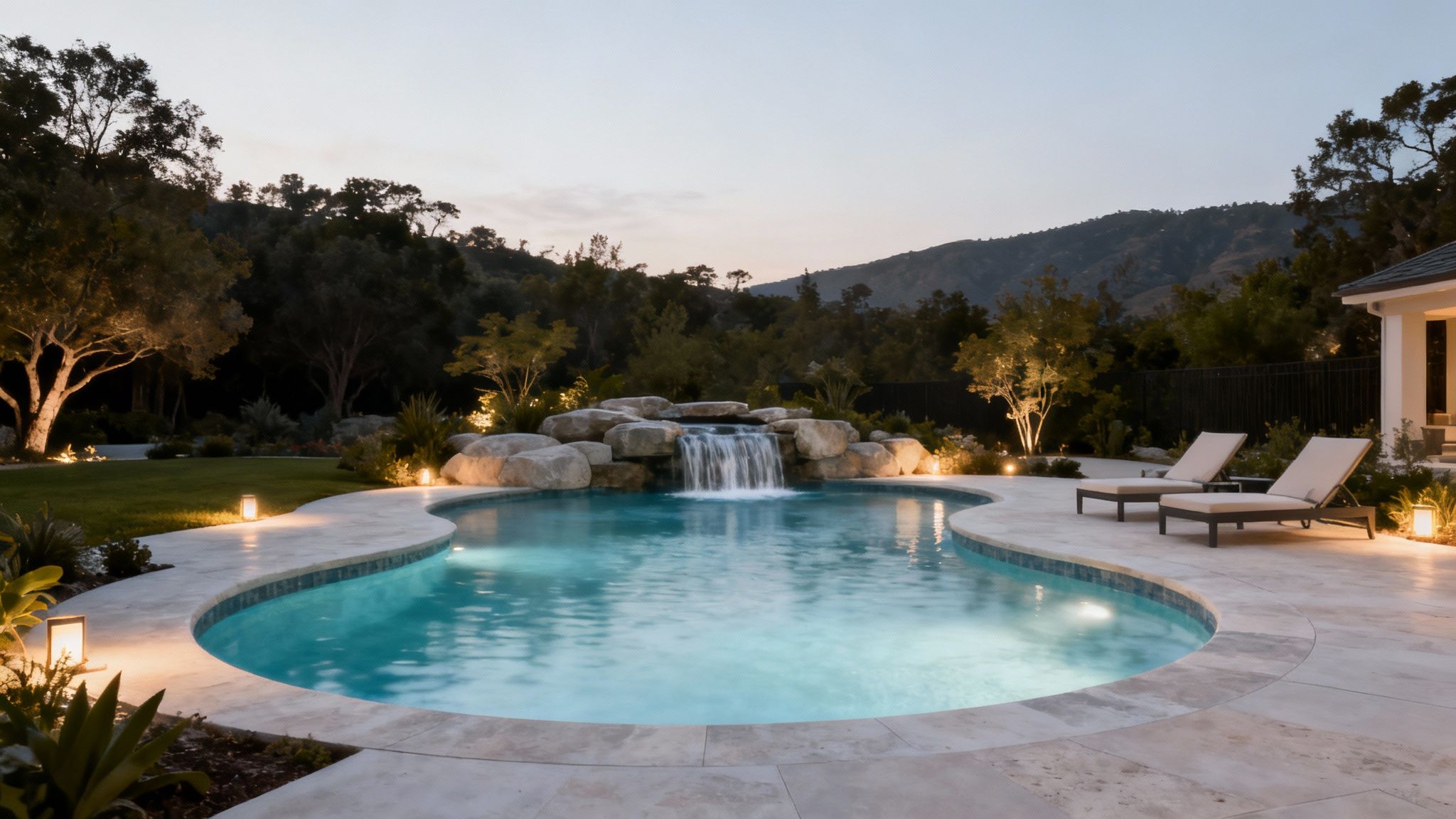 A luxury in-ground swimming pool in the Lehigh Valley, complete with a waterfall and surrounding hardscape.