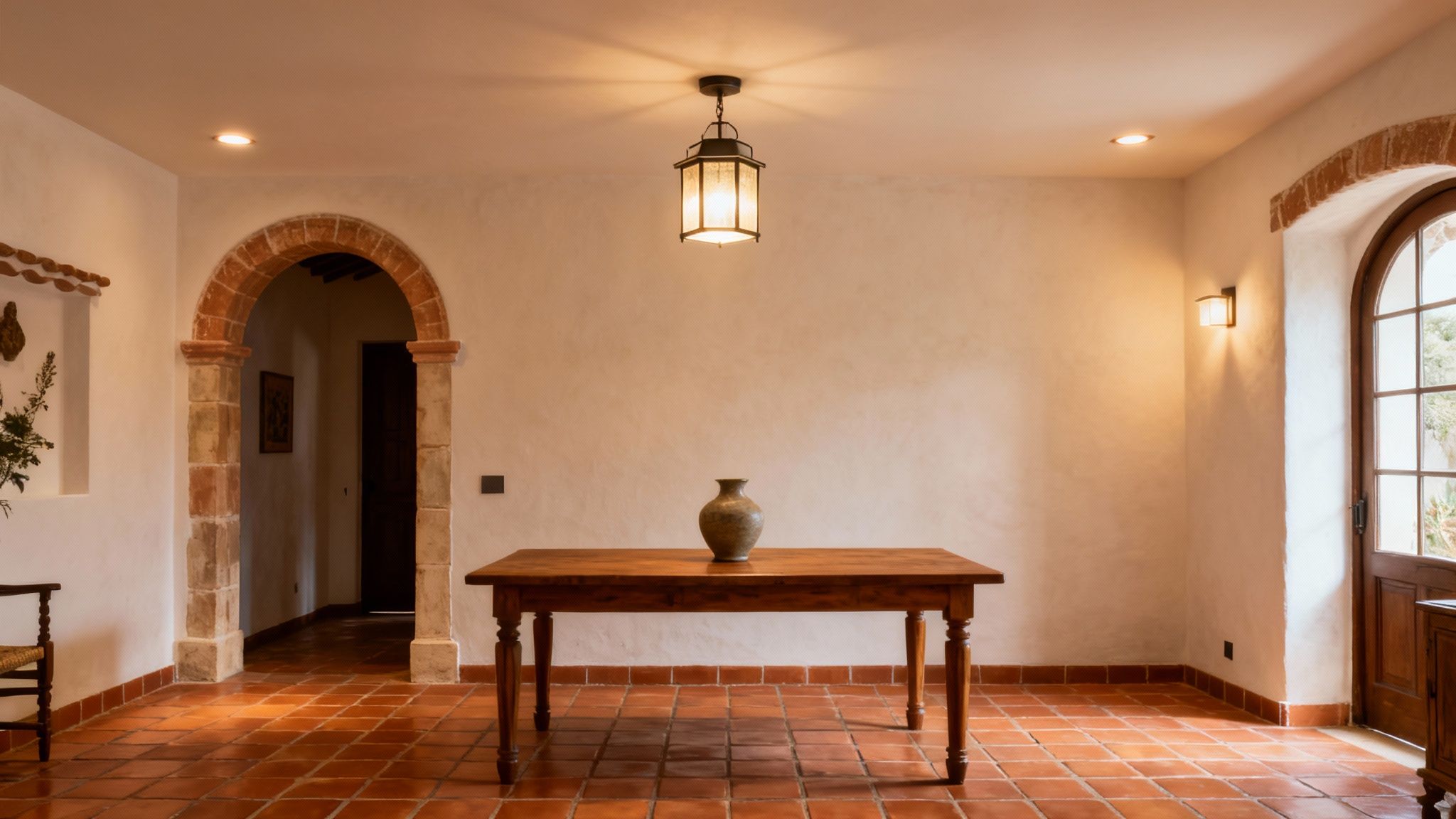 Traditional Spanish-style interior featuring a wooden table, archway, terracotta floor, and warm lighting.