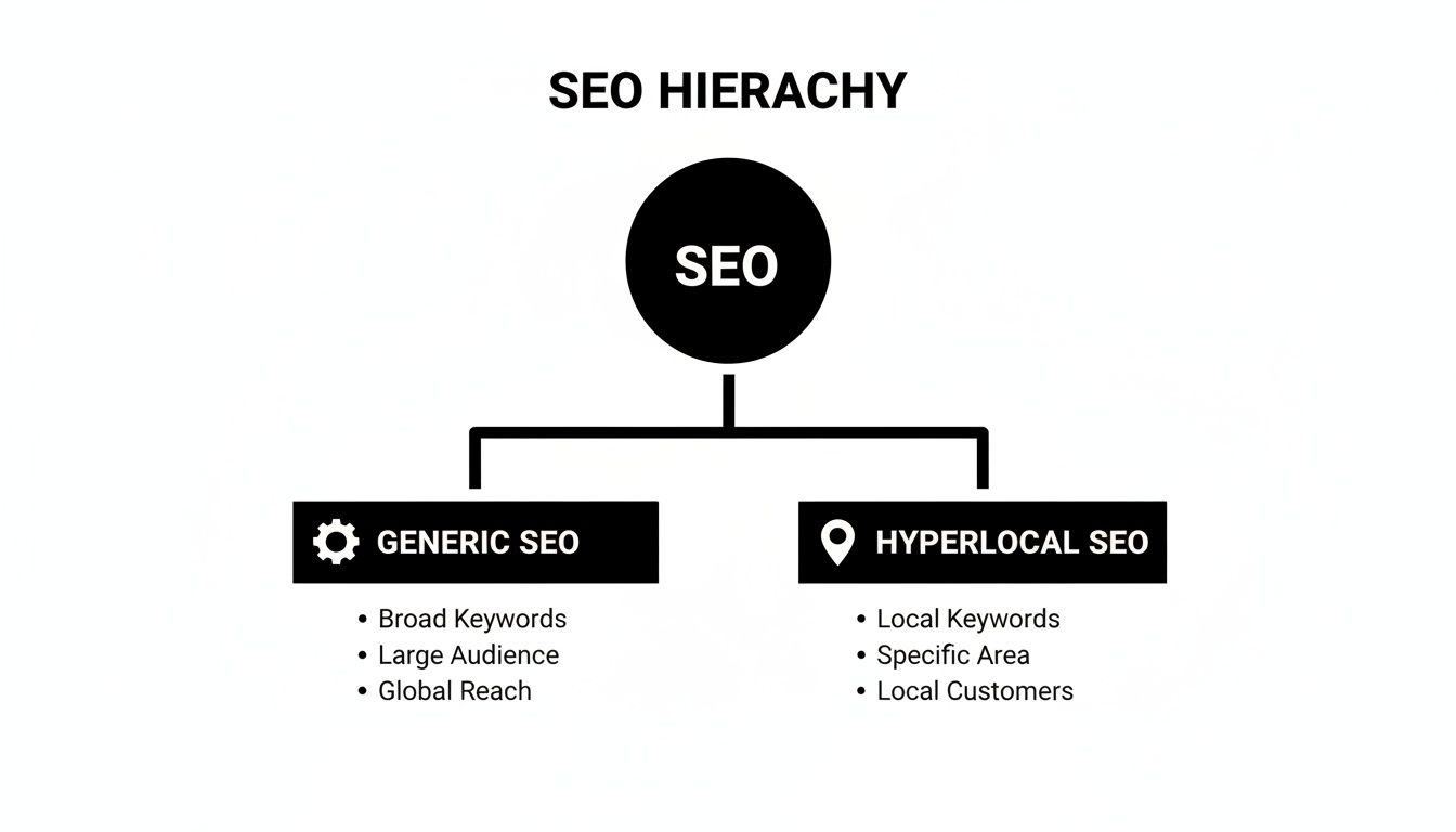 SEO hierarchy diagram detailing Generic SEO for broad reach and Hyperlocal SEO for local customers.