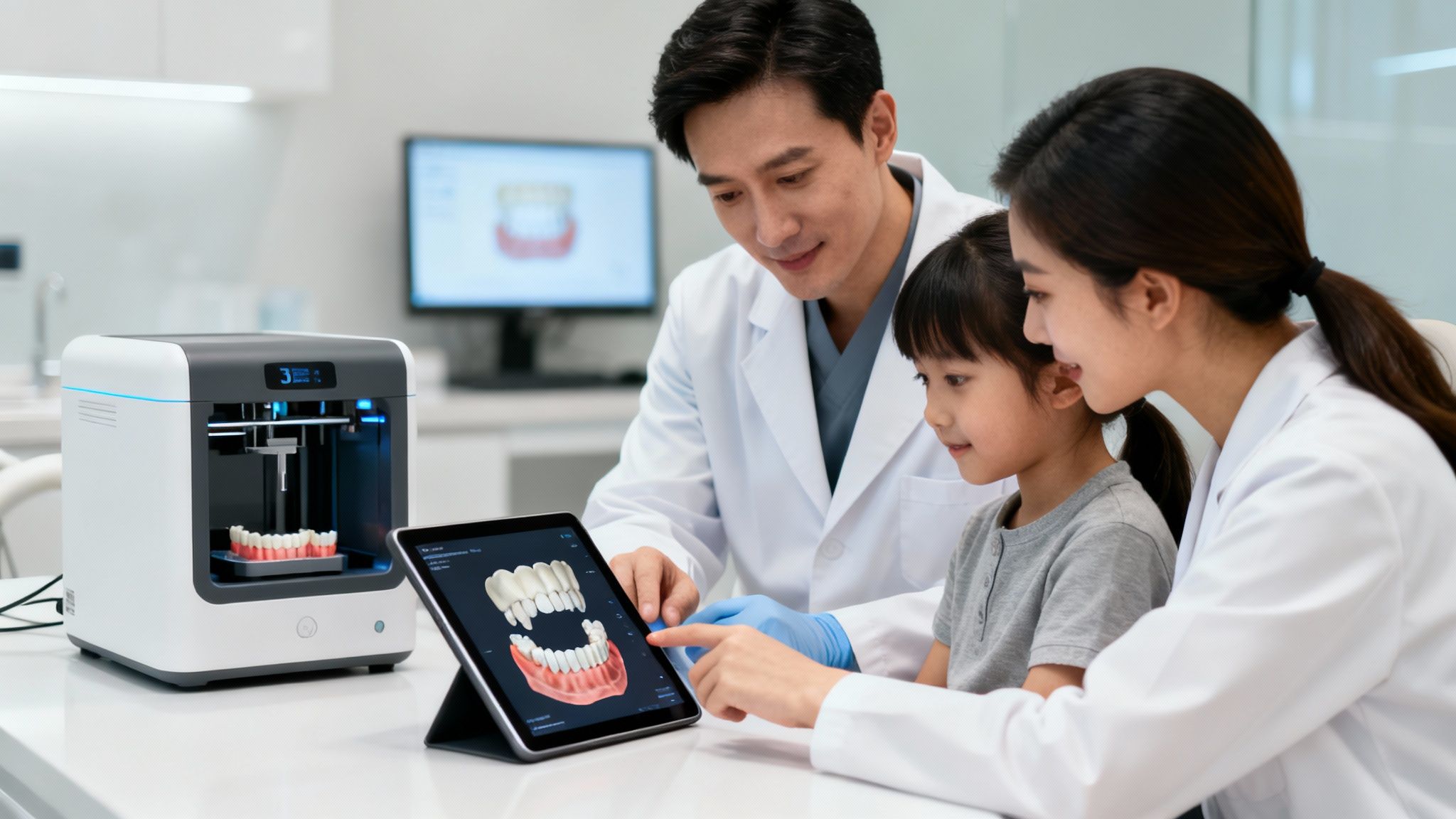 Dentists and a young girl viewing 3D dental models on a tablet with a dental 3D printer.