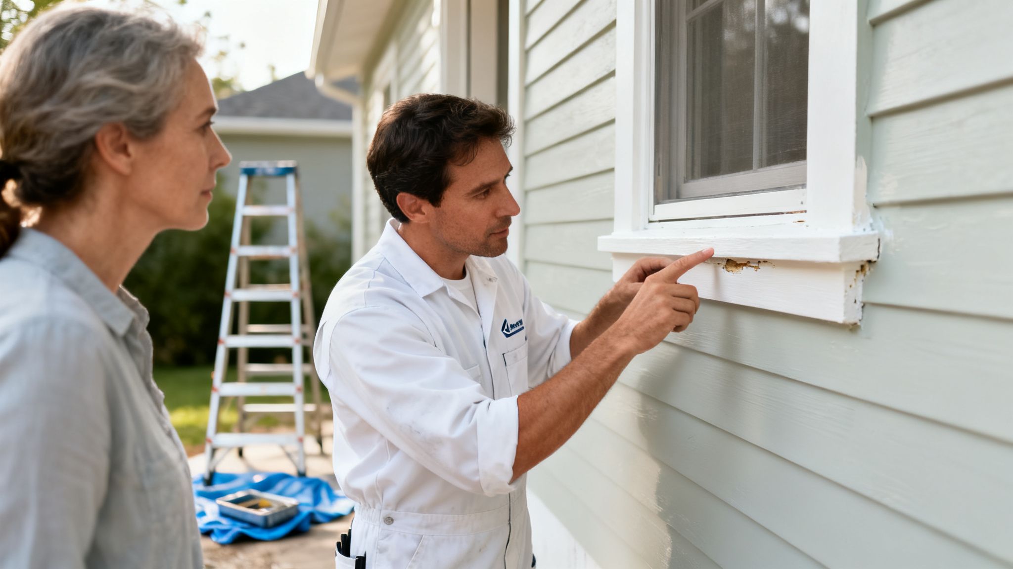 A painter in white overalls points out damaged paint on a house window to a woman.