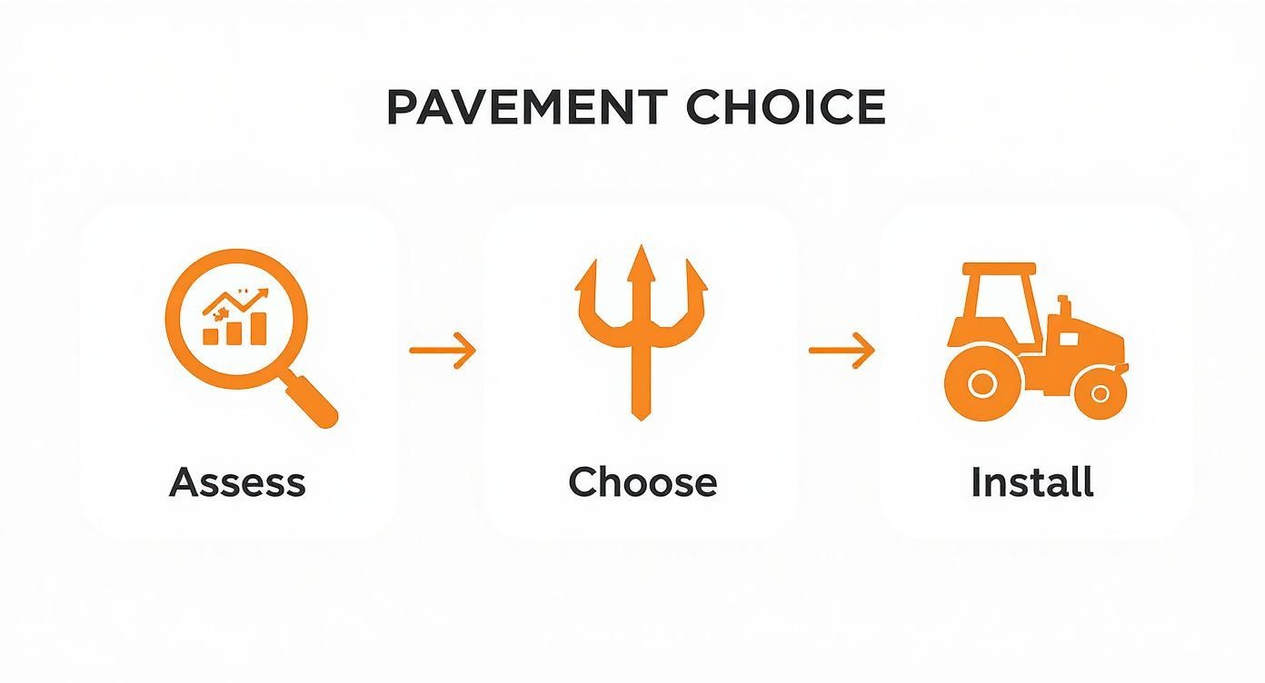 Asphalt Paving & Resurfacing Guide 1 Infographic illustrating the three-step pavement choice process: Assess, Choose, and Install.