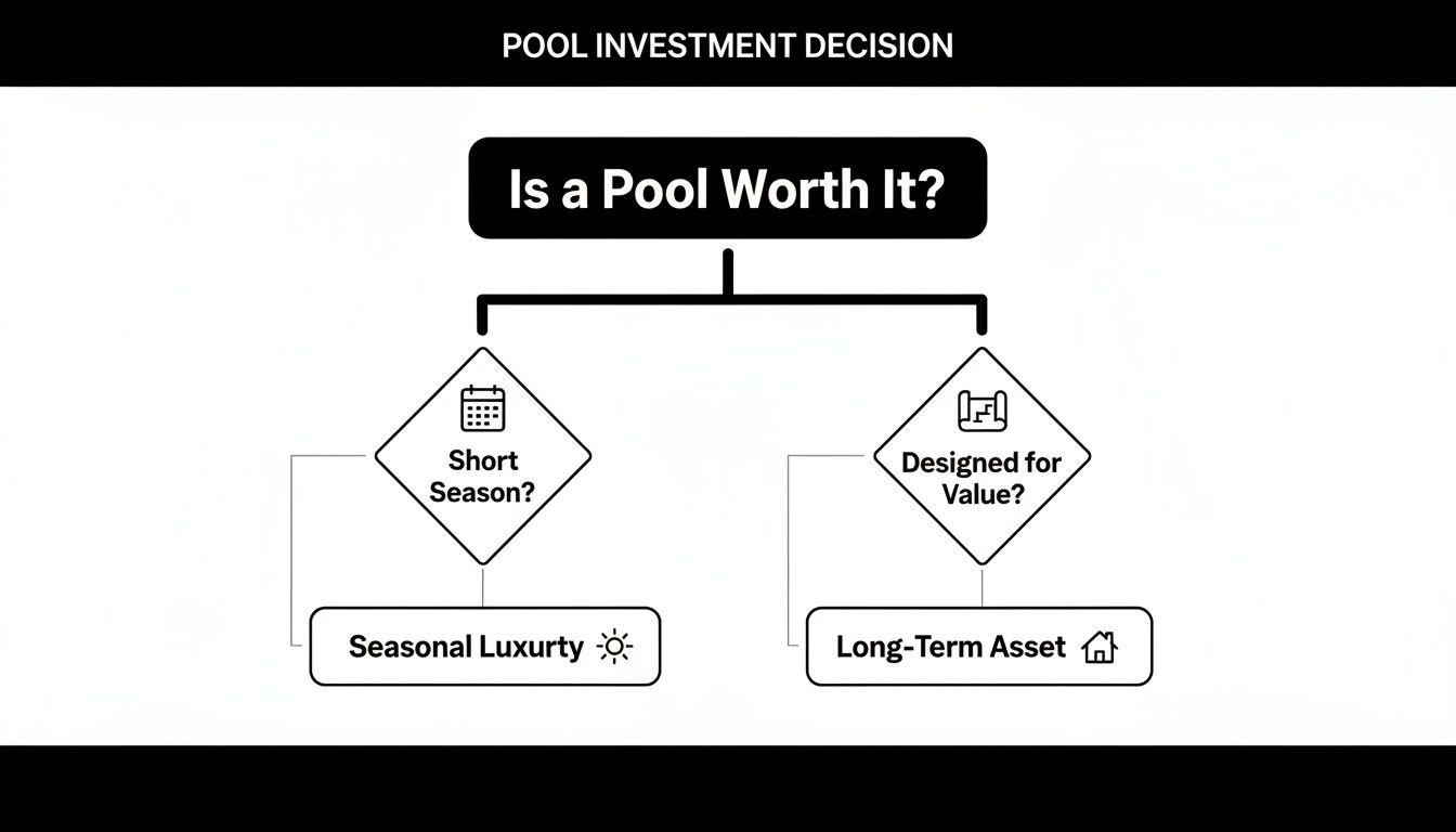 A flowchart detailing pool investment decisions, asking if a pool is worth it, based on season length or value design.