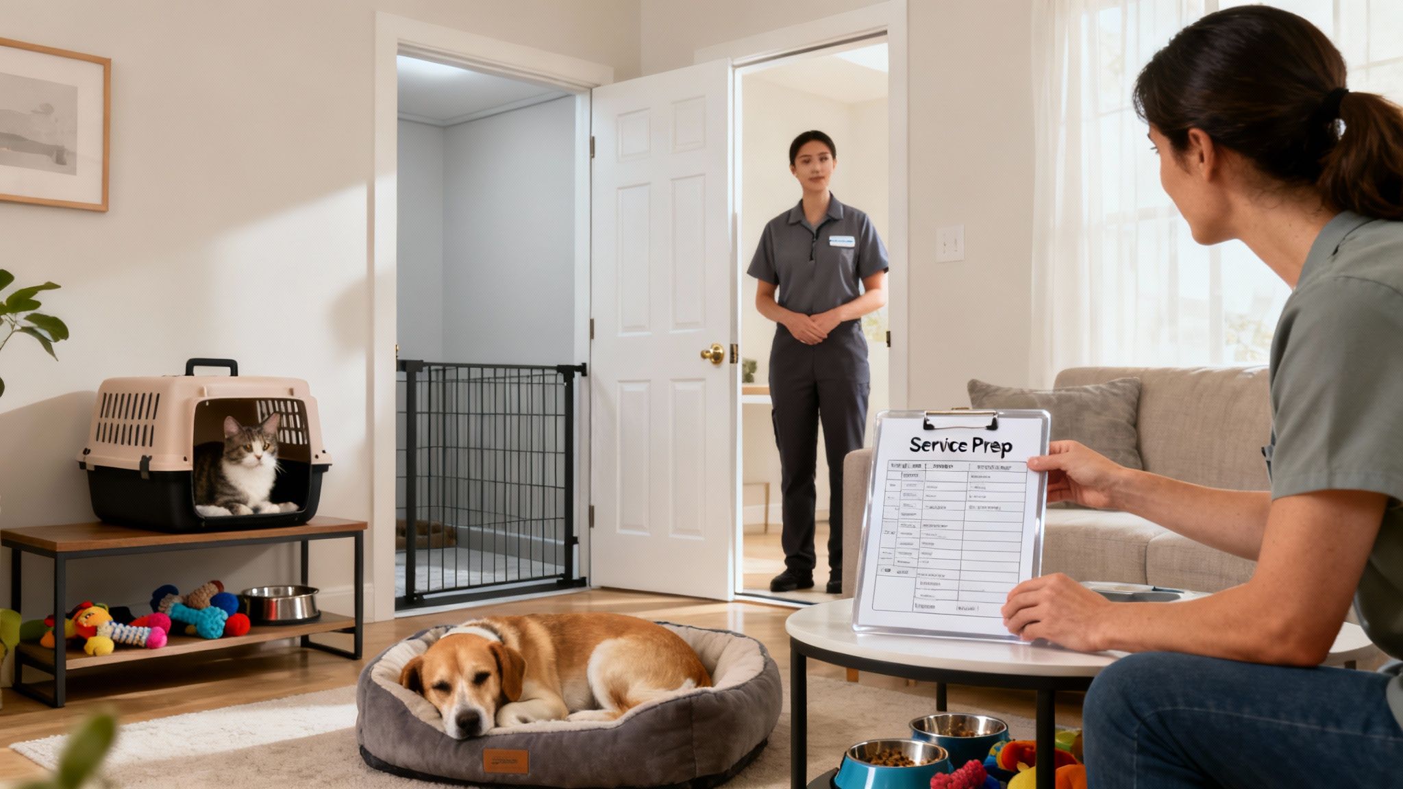 Professional pest control technician arriving at home while pet owner prepares service documentation with dog and cat present