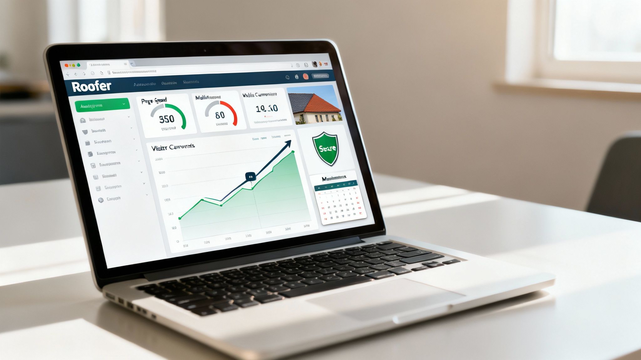 Laptop on desk displays "Roofer" website dashboard with analytics, performance data, and graphs.
