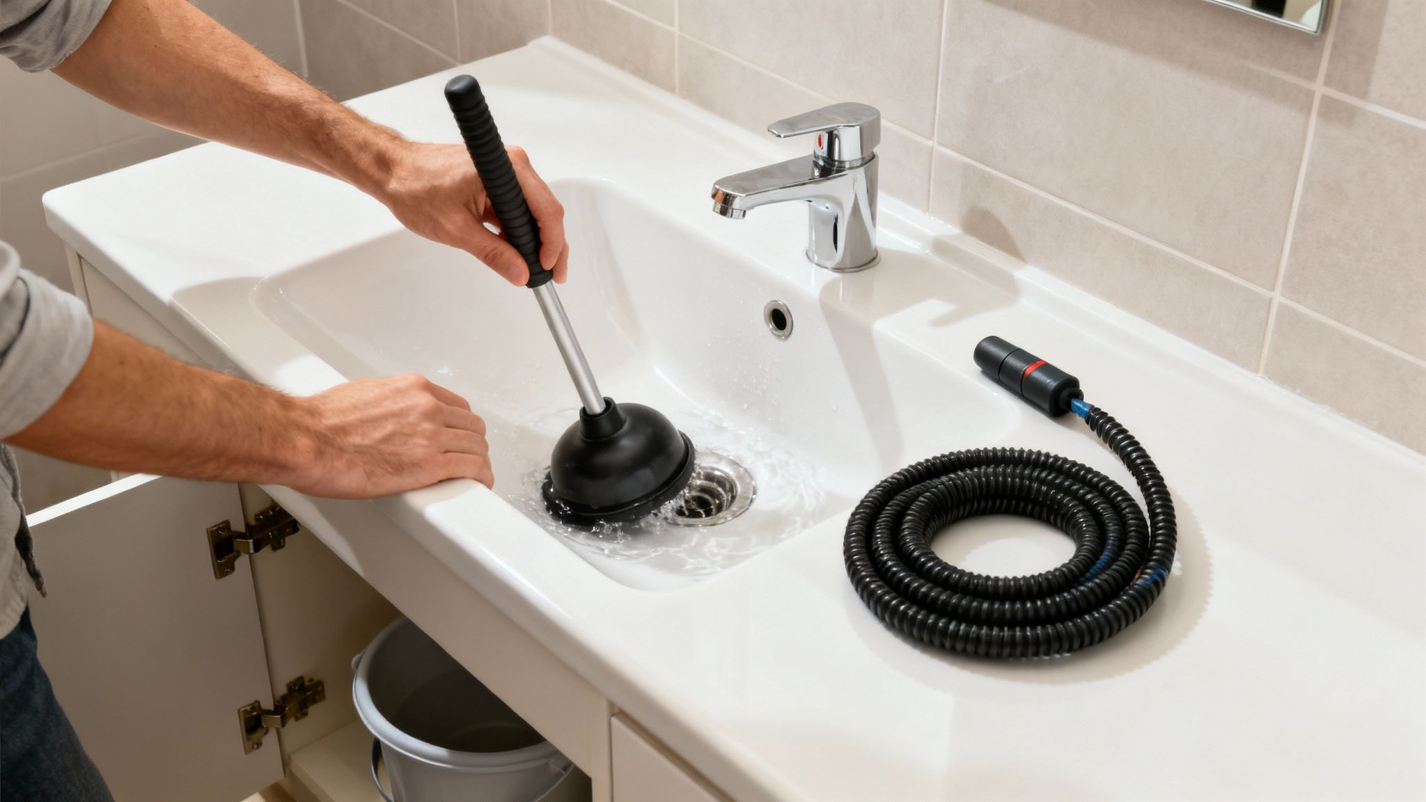 A person using a drain snake to clear a clog in a bathroom sink.
