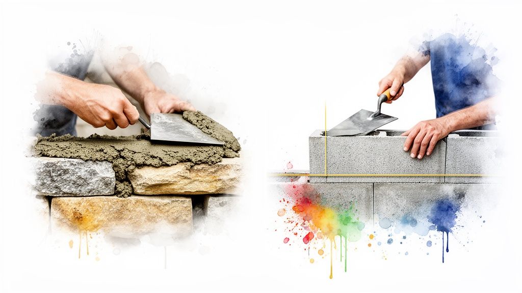 Hands applying mortar to natural stone and concrete blocks, symbolizing masonry construction.