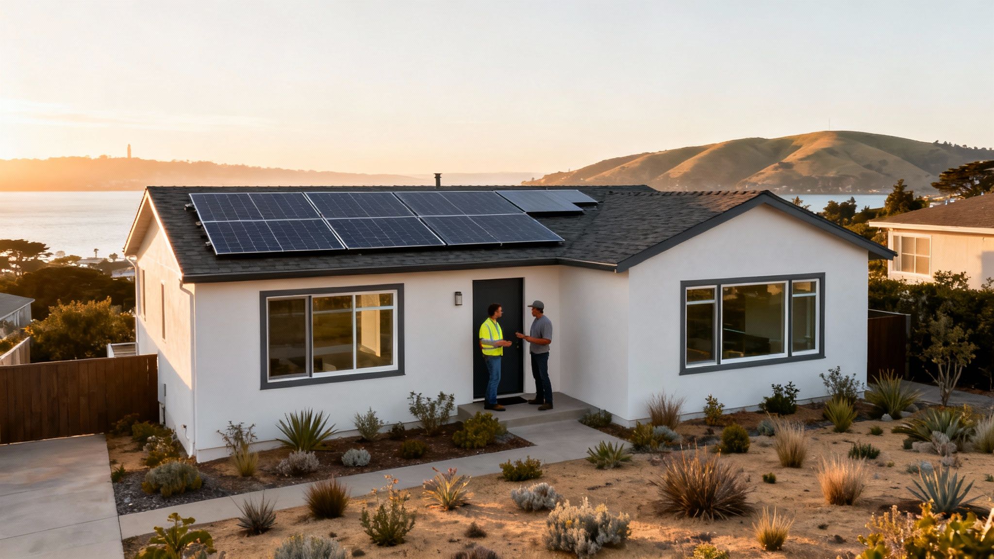 Modern home with solar panels, two men at the door, and drought-tolerant landscaping by a bay.