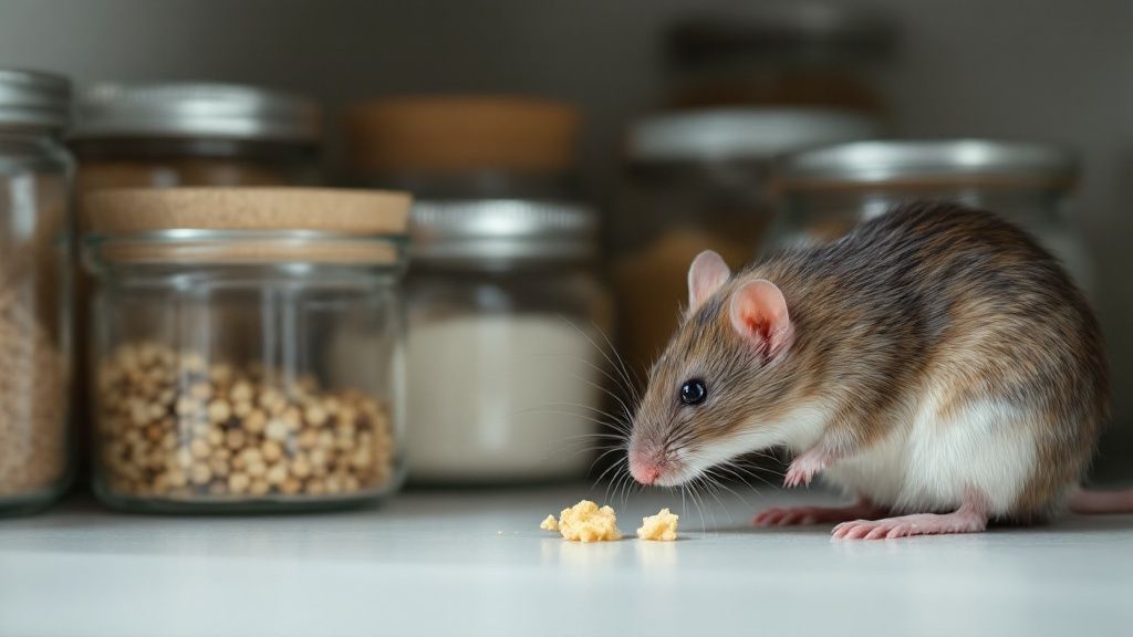 Unsecured food in a pantry, including open bags of flour and cereal, which can attract rats.