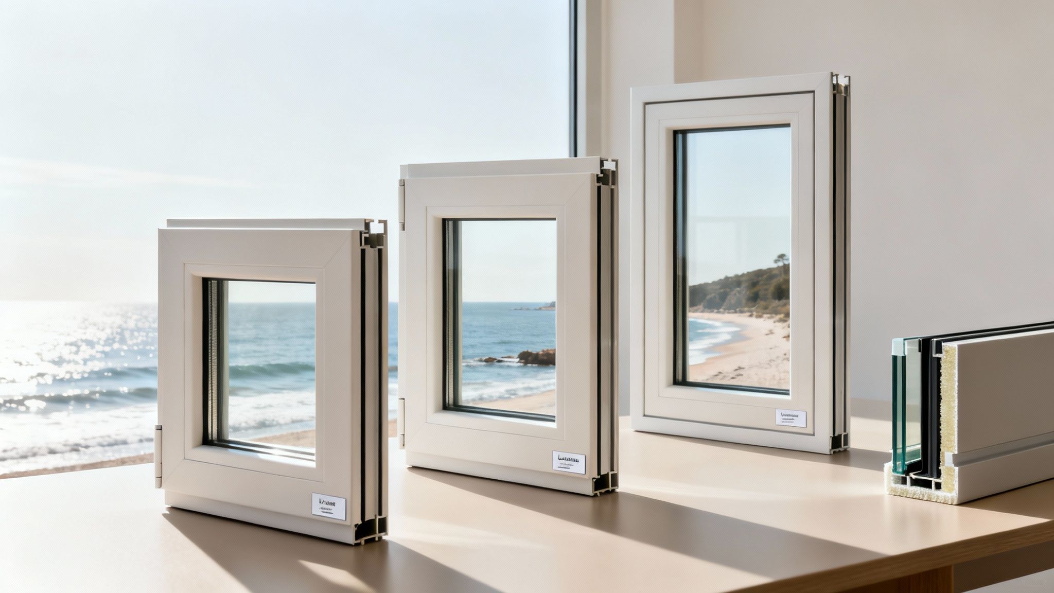 Multiple white window frames and a detailed cross-section display, set against a stunning ocean view.