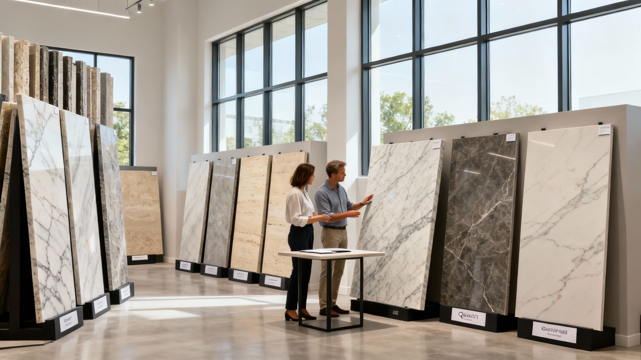 A bright and airy showroom at Carmel Stone Imports, displaying large slabs of quartzite and marble for clients to explore.