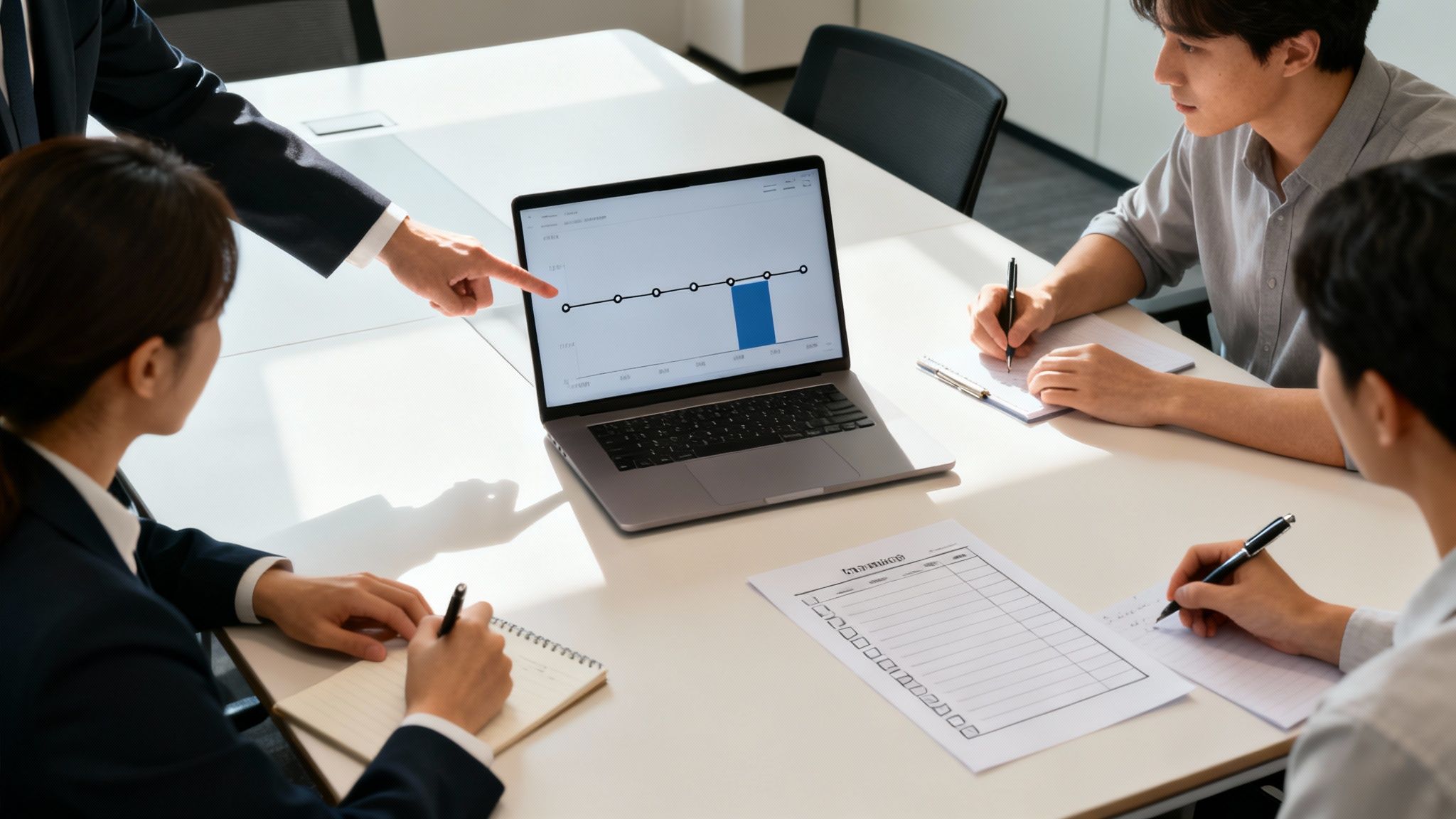 Four professionals discuss data on a laptop screen during a bright business meeting, taking notes.