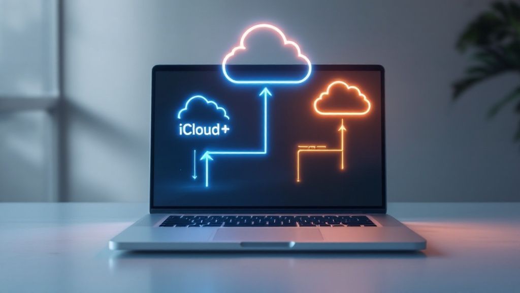 A cloud icon connected to both a Mac computer and an office building, symbolizing a hybrid backup strategy.