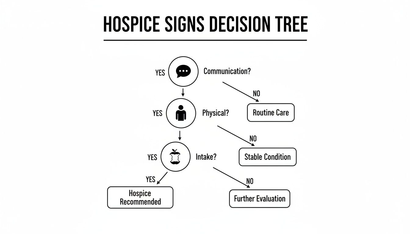 A decision tree diagram illustrating criteria for hospice signs based on communication, physical condition, and intake.