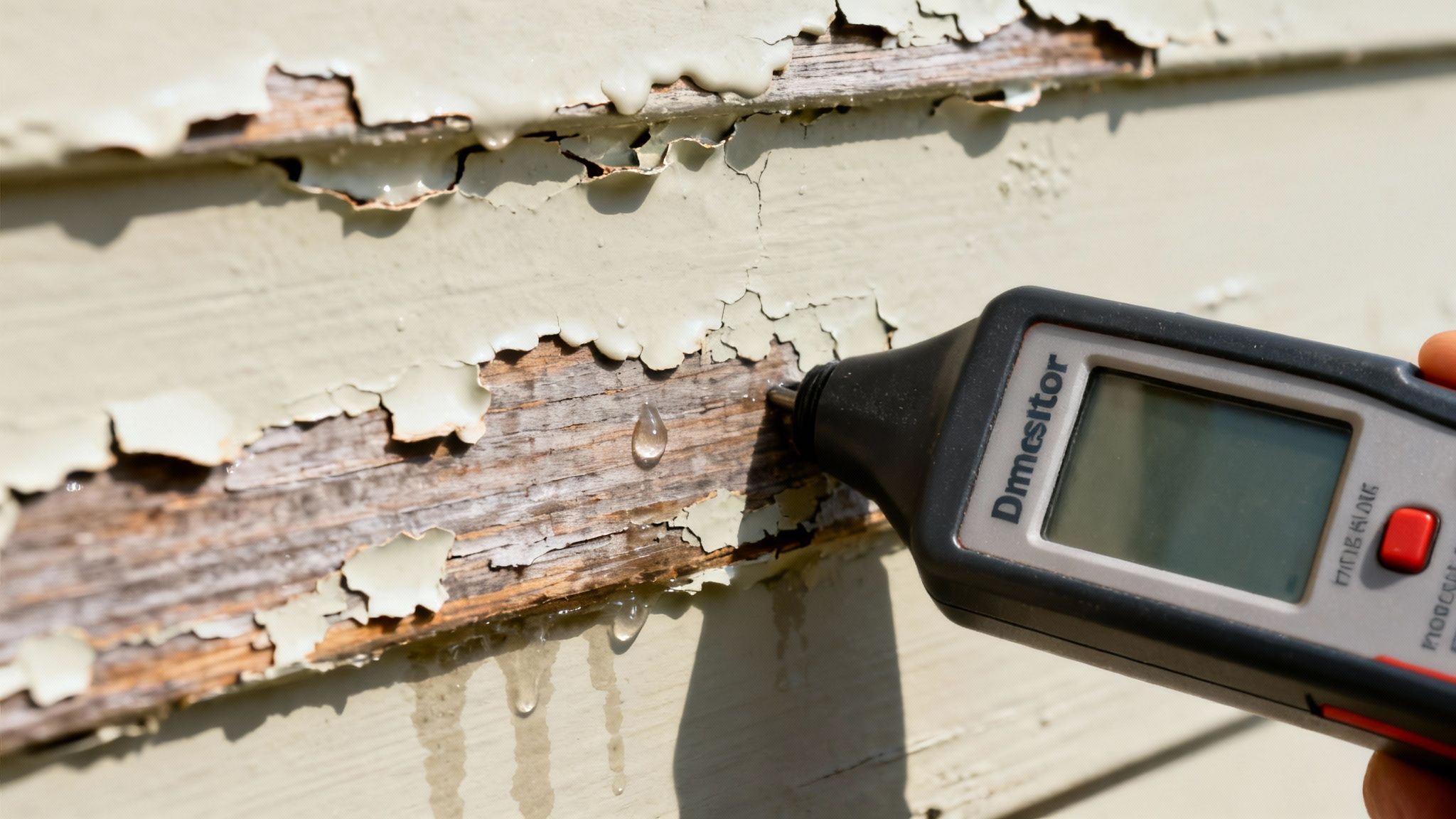 A Dmesitor moisture meter is used on a wooden wall with peeling paint and water droplets.
