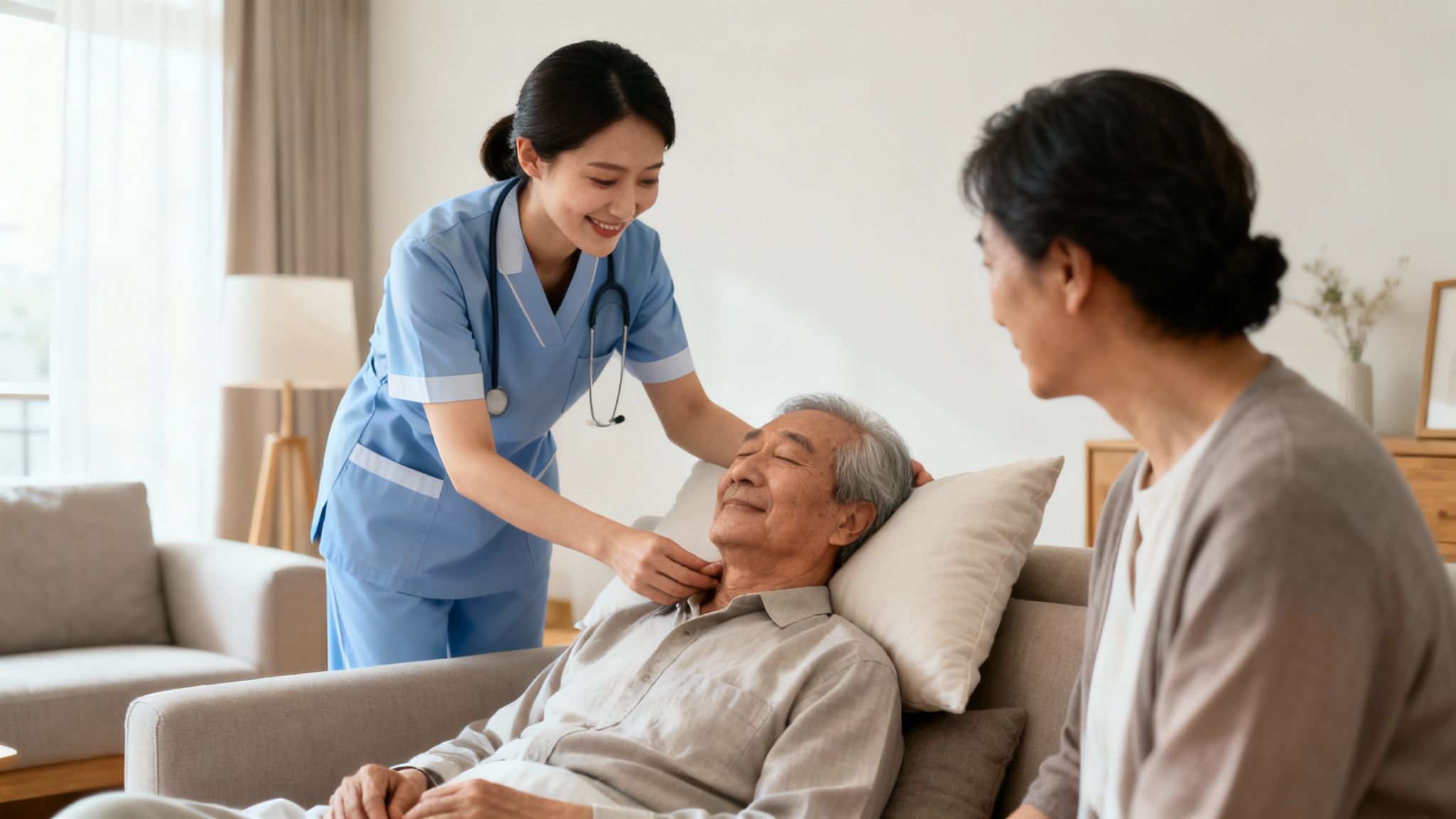 A smiling Asian nurse provides gentle care to an elderly man on a sofa, with a woman observing.