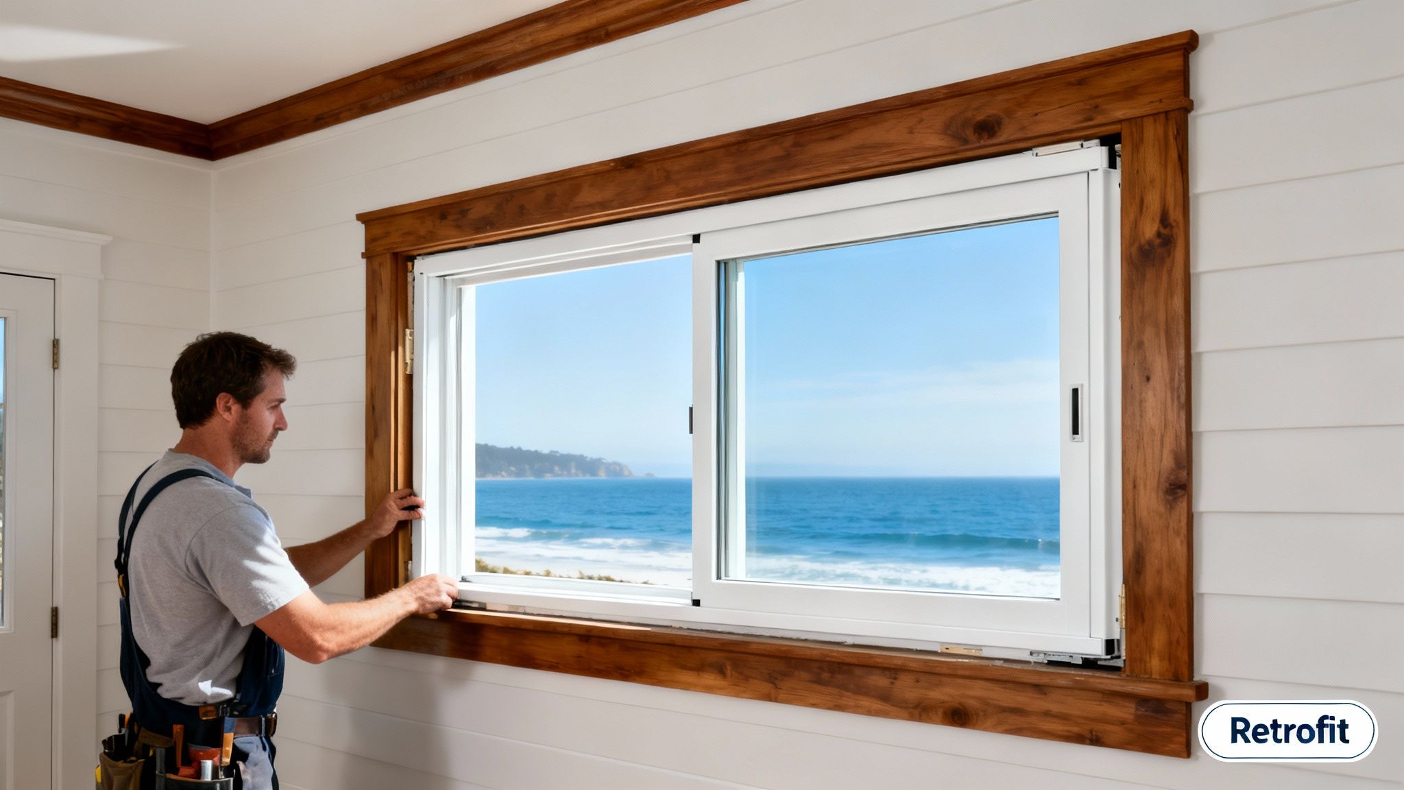 A man in overalls installs a white retrofit sliding window into a rustic wooden frame overlooking an ocean.