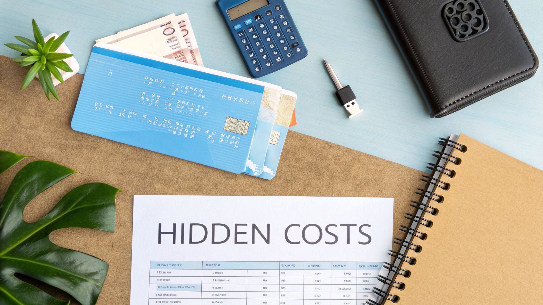Desktop flat lay with bank passbooks, money, calculator, and 'HIDDEN COSTS' document for financial planning.