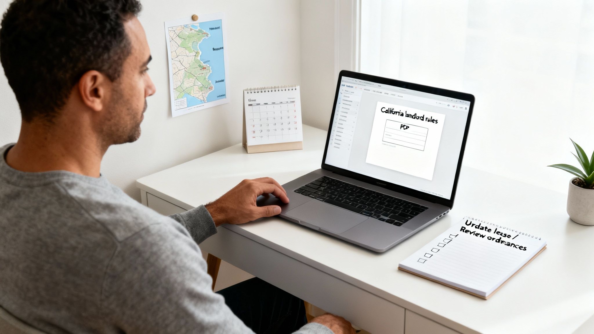 A man works on a laptop, researching California landlord rules, with a task list on his desk.