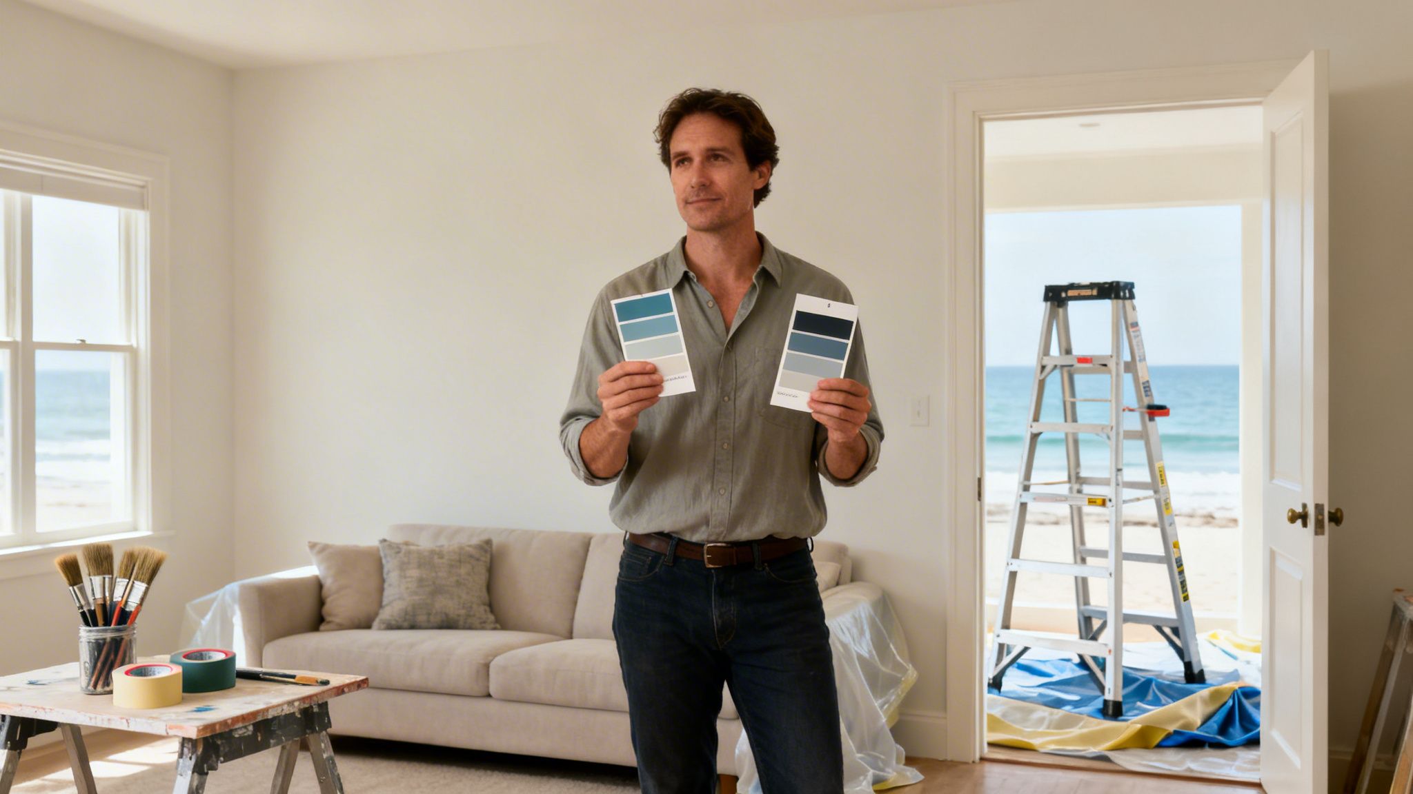 A man holding paint swatches in a bright room with a beach view, contemplating colors.