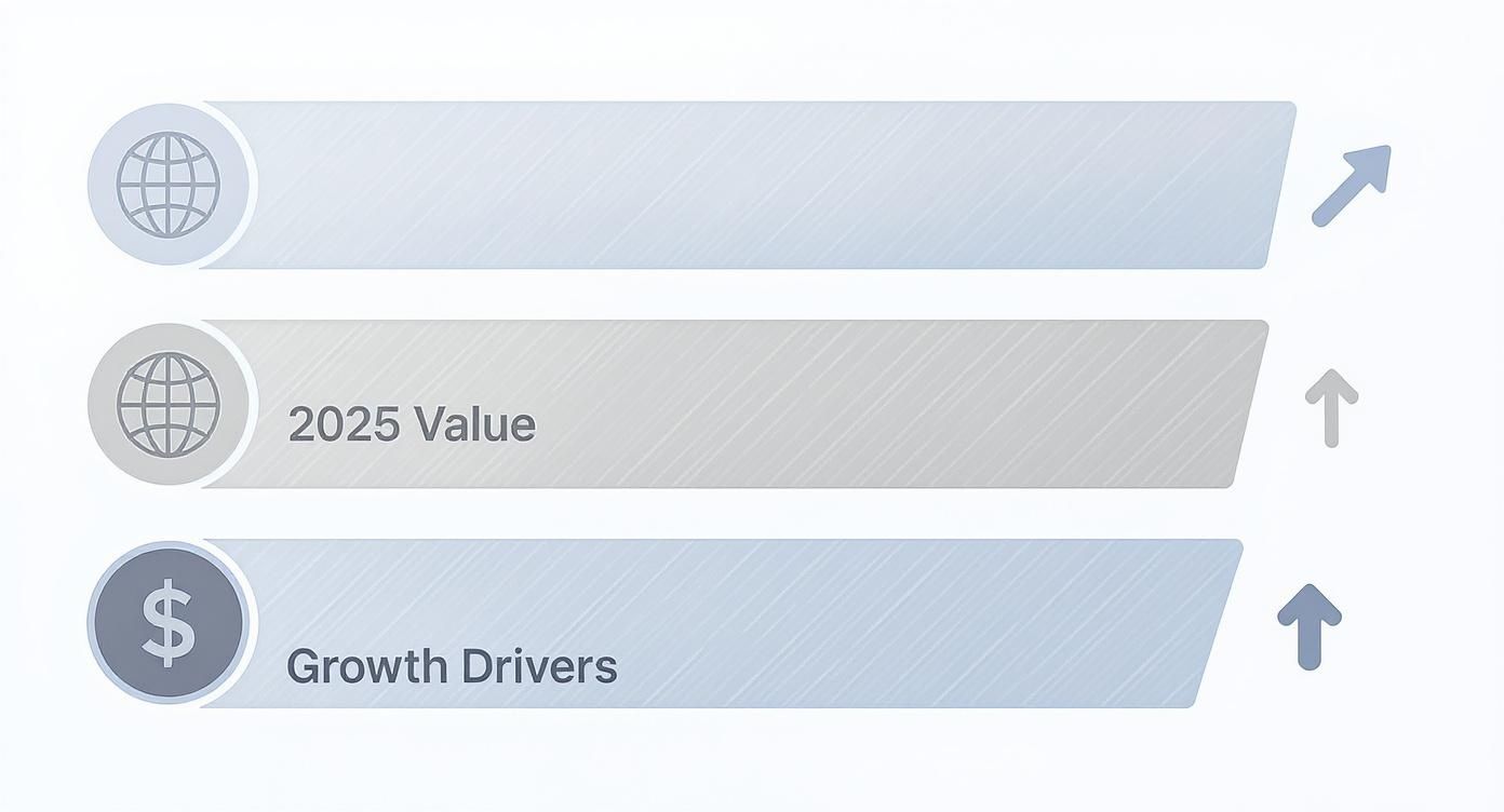 Bay Area Window Material Showdown: Pros, Cons & Costs 1 Three infographic bars showing global indicators, 2025 value, and growth drivers with upward arrows.