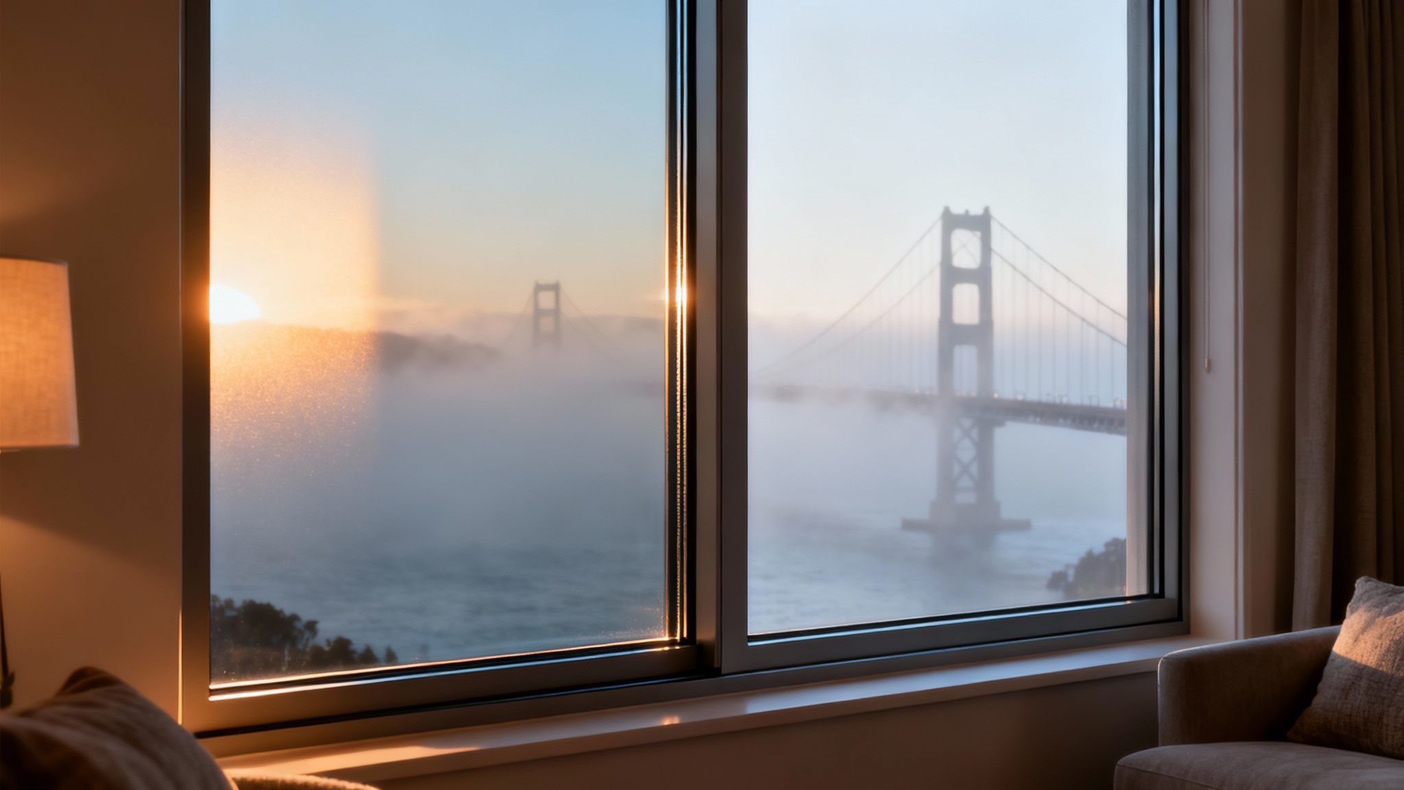 Golden Gate Bridge view from a window at sunrise, with fog over the bay.