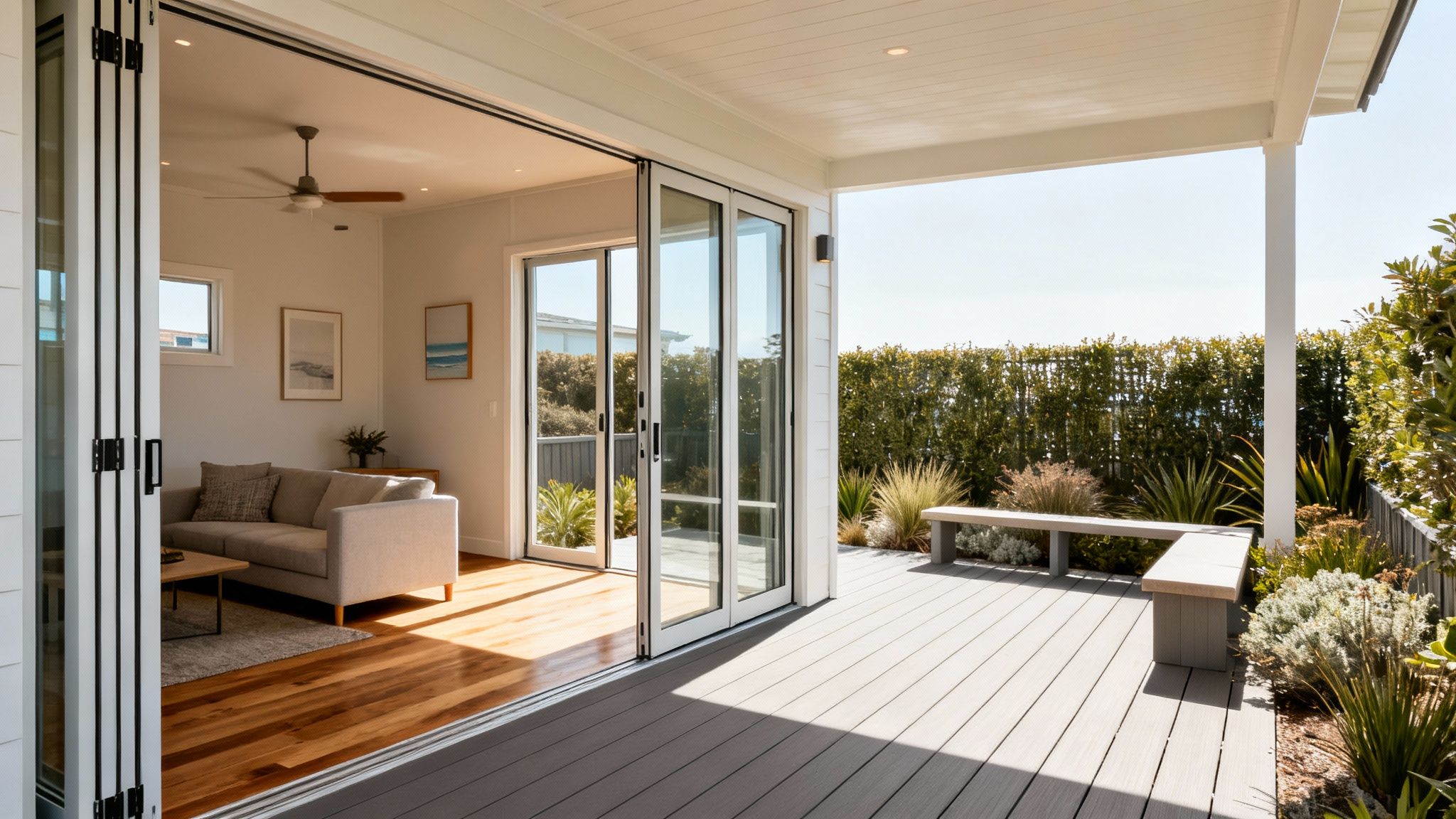 A bright living room opens to an outdoor deck with benches and lush plants under a sunny sky.