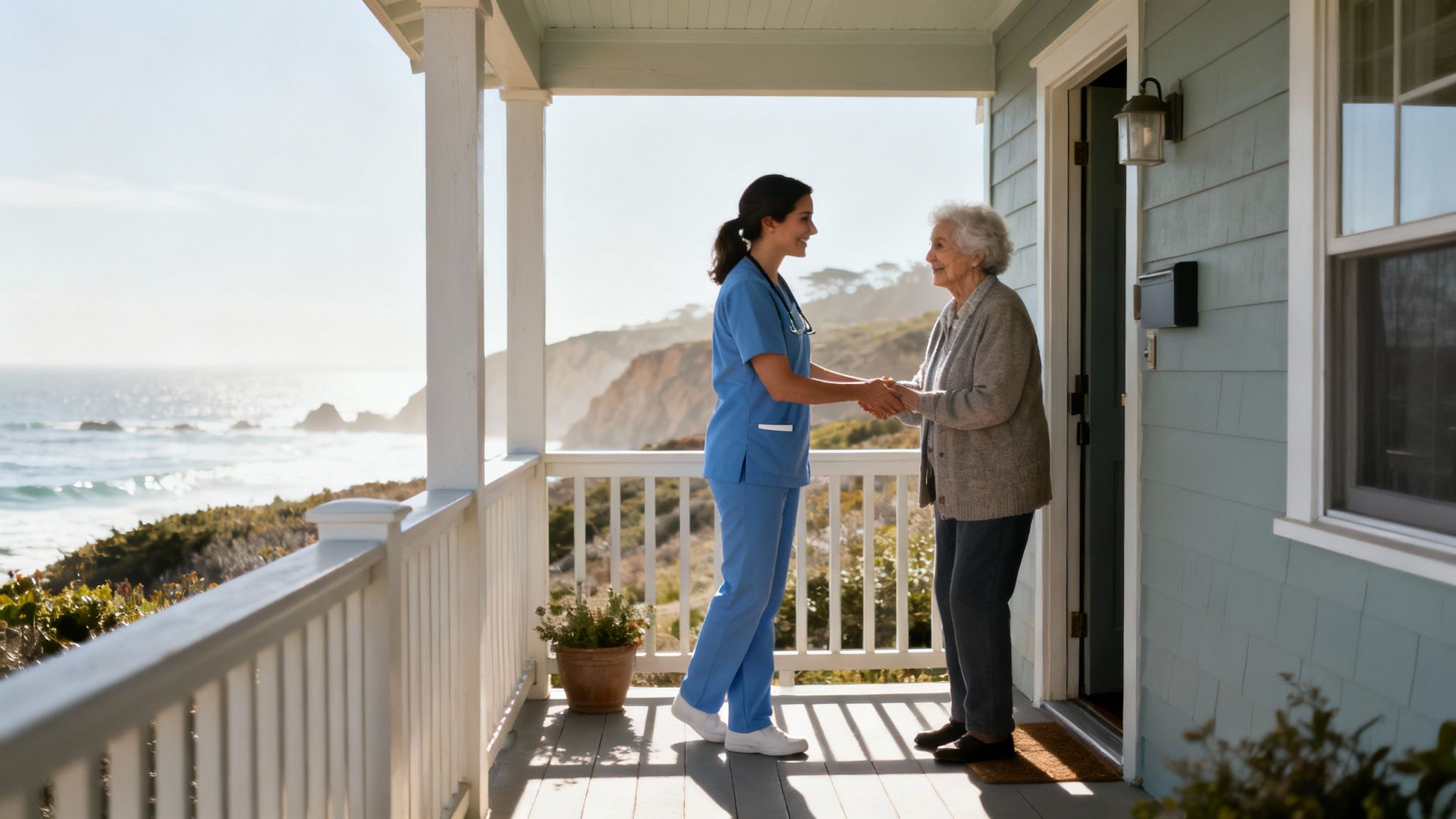 A friendly home health nurse greets an elderly patient on a sunlit porch by the ocean.