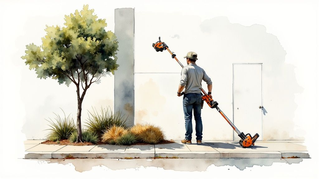 A man in a hat operates a long-reach pole saw tool for tree maintenance near a building.