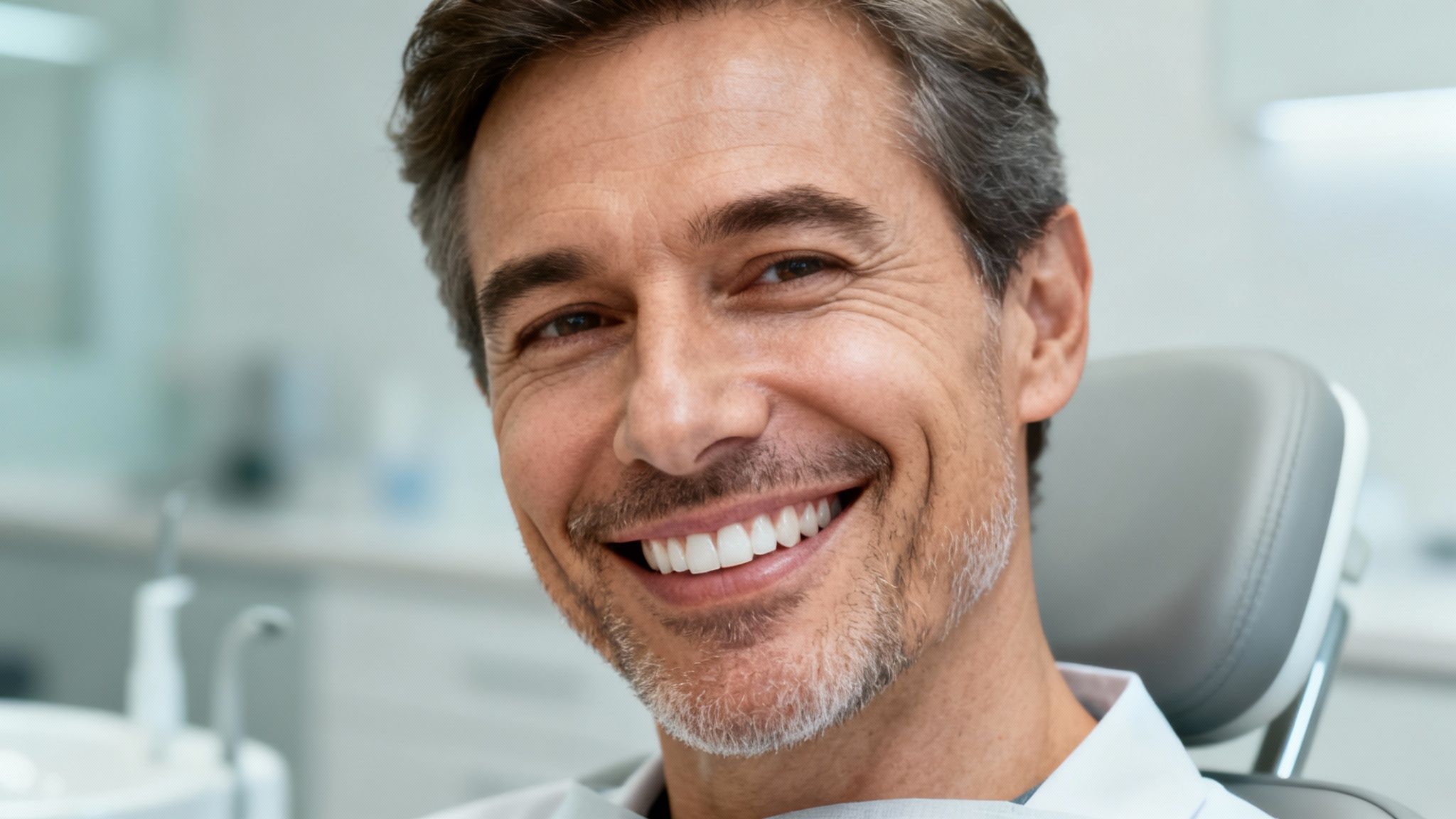 Close-up of a happy middle-aged man with a confident smile and perfect white teeth in a dental clinic.
