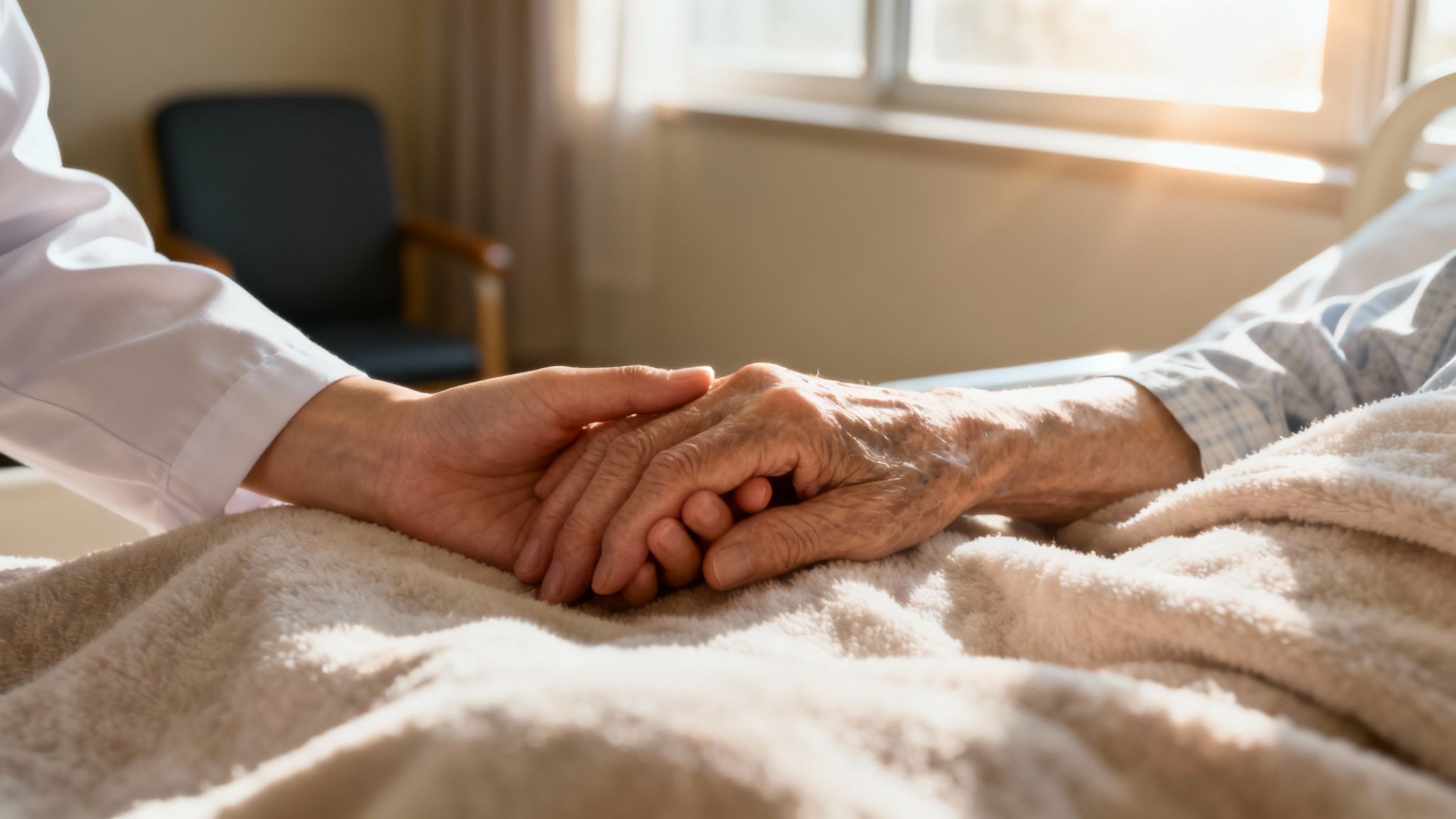 A compassionate healthcare provider holds the hand of an elderly patient, symbolizing comfort and support.