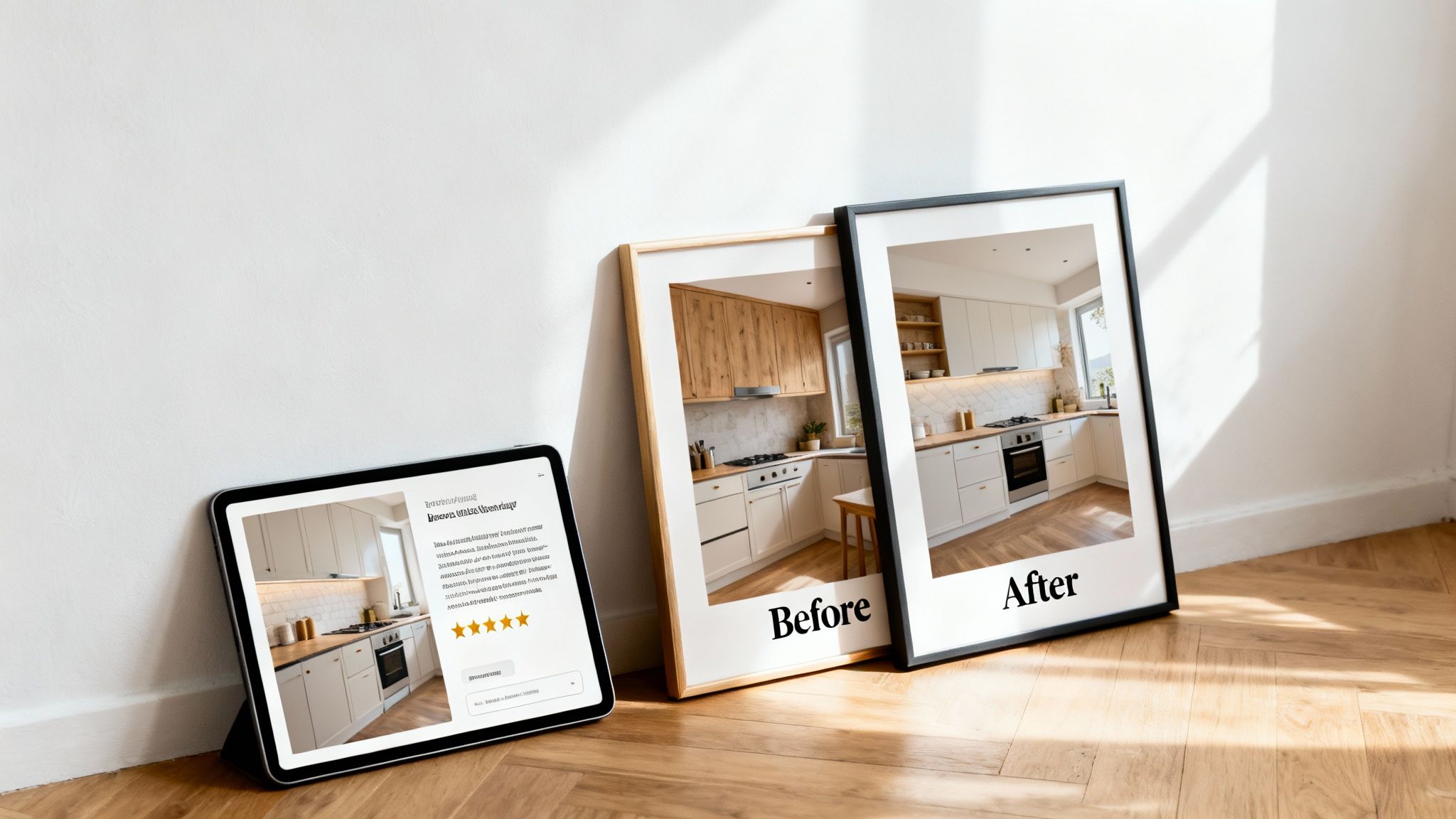 Side-by-side comparison of a kitchen renovation project, featuring before and after views and a tablet displaying a positive customer review.