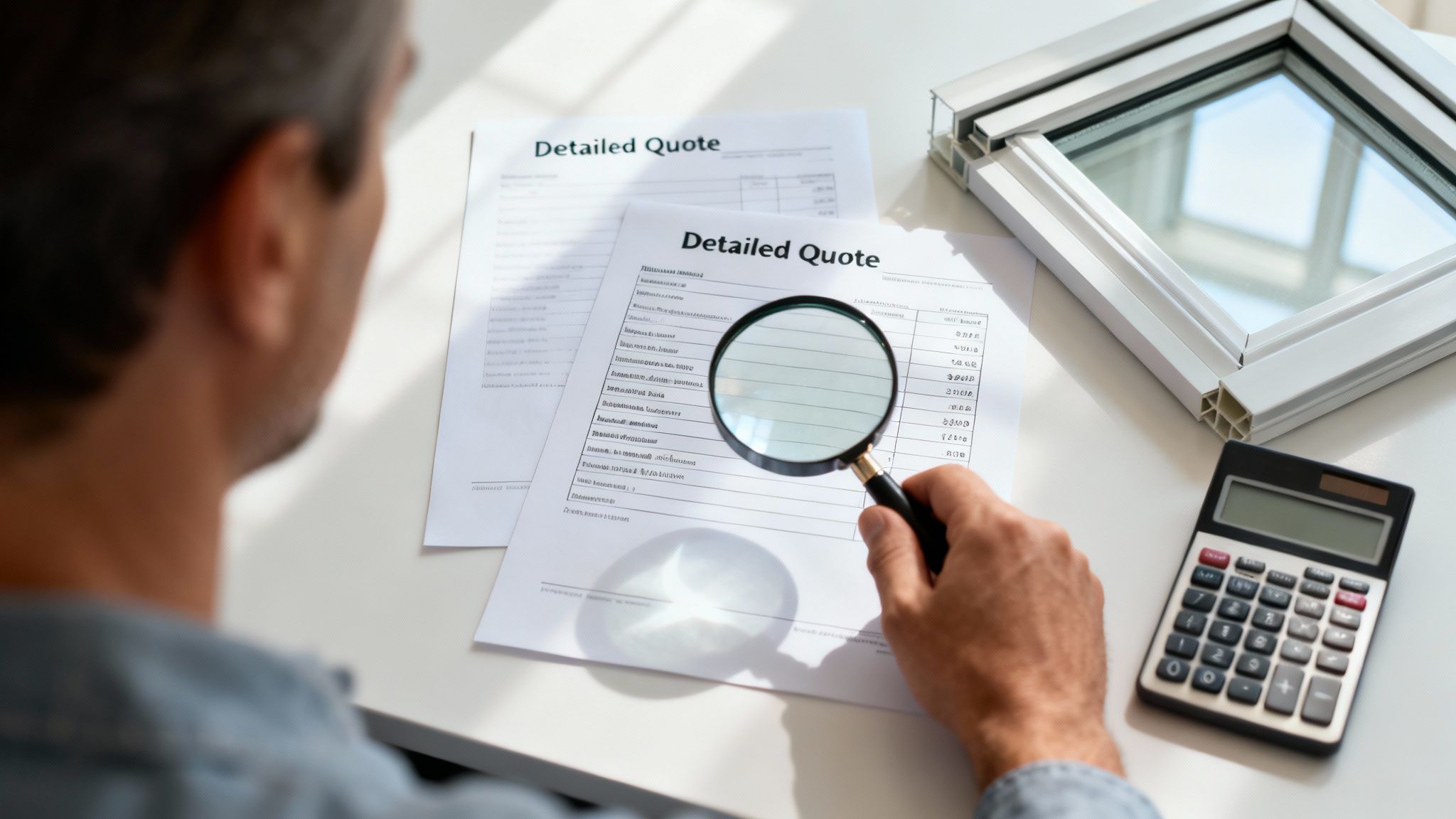 A man reviews a detailed window quote with a magnifying glass, next to a window sample and calculator.