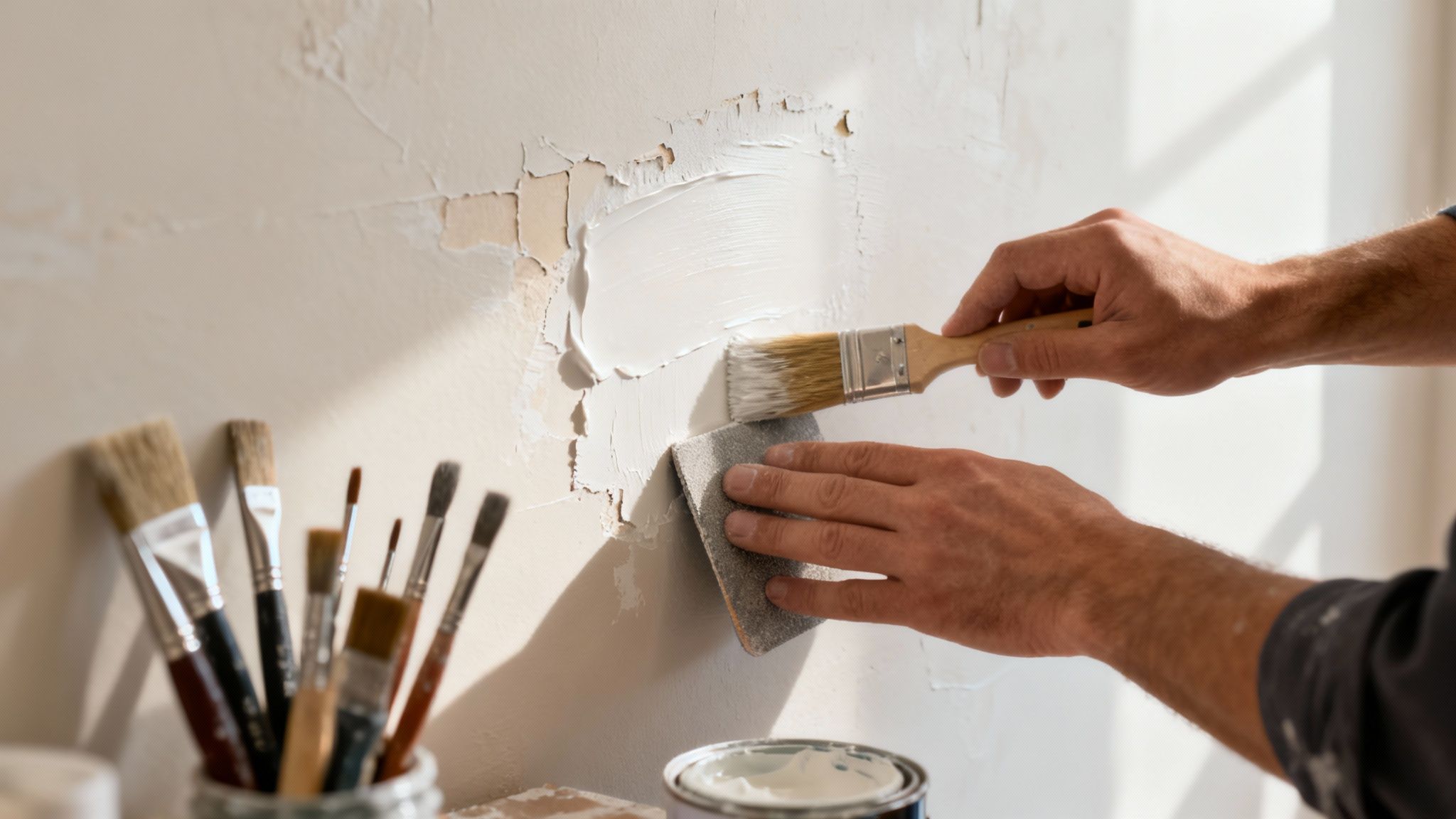 A professional painter meticulously prepares a wall, sanding it smooth for a flawless finish.