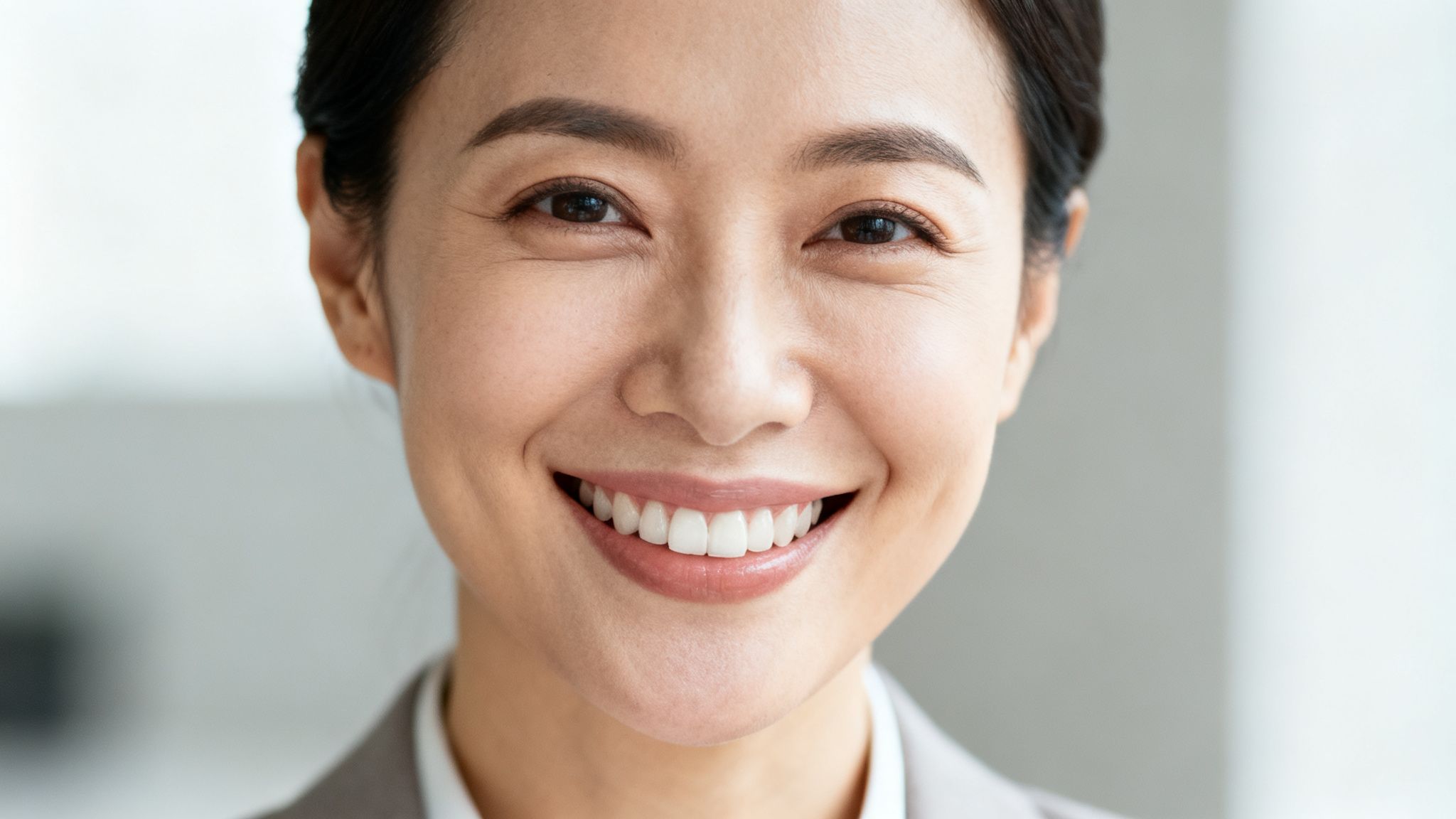 Close-up of a smiling East Asian businesswoman, exuding confidence and warmth with a bright smile.