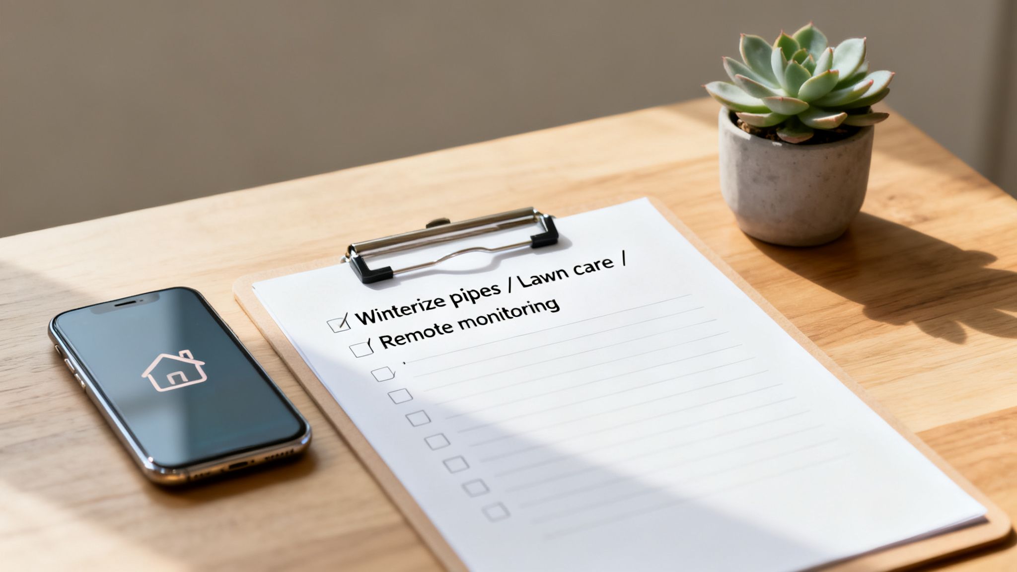 A smartphone and a checklist for home maintenance tasks like winterizing pipes and remote monitoring.