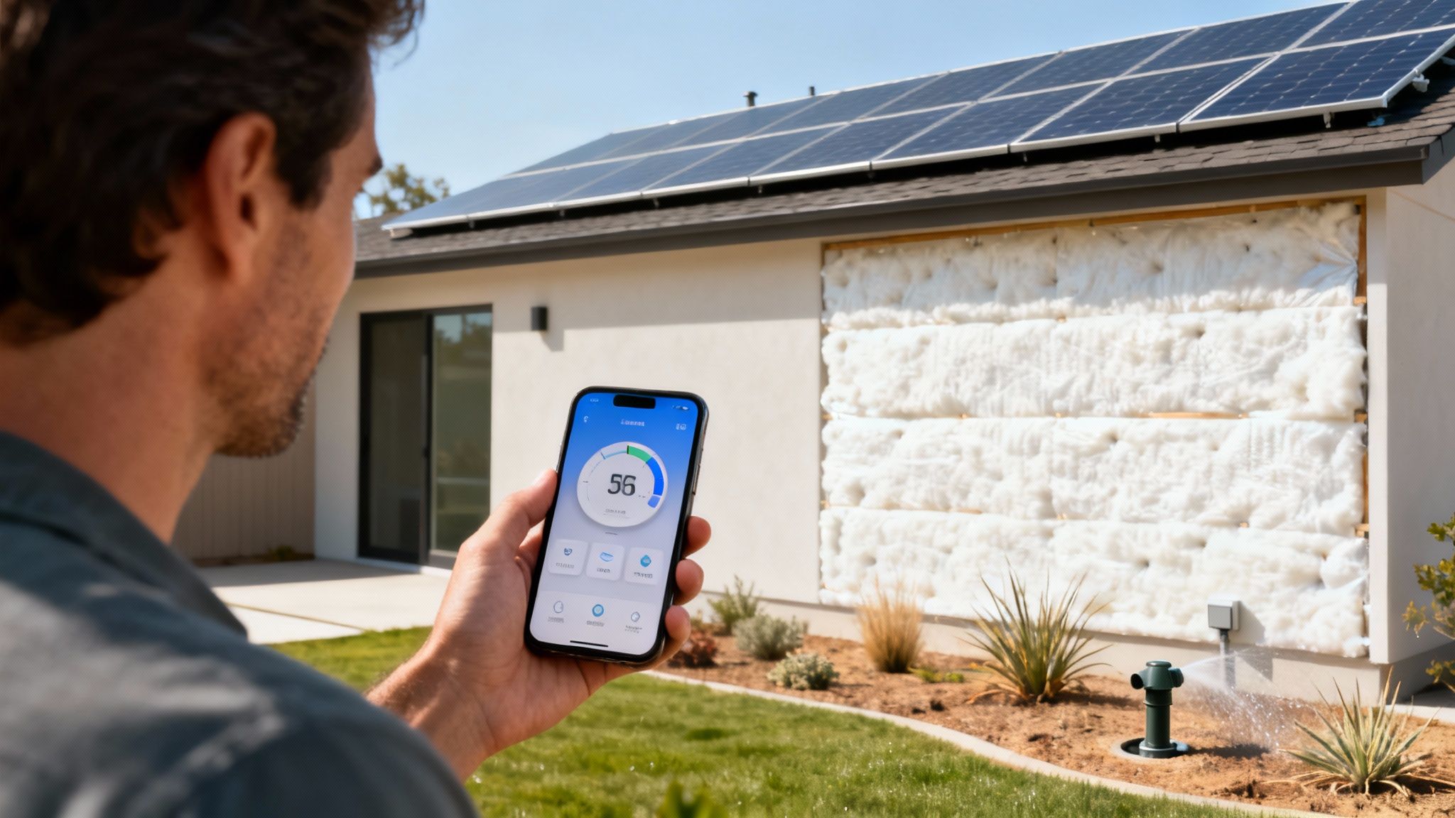 A man uses a smartphone app to control a smart home with solar panels and insulation.