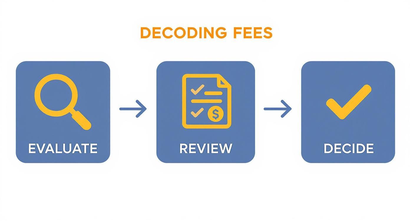 A flowchart illustrating the three-step process of decoding fees: evaluate, review, and decide, with icons.