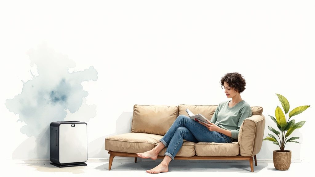 A woman reads a book barefoot on a sofa next to an air purifier and a green plant.
