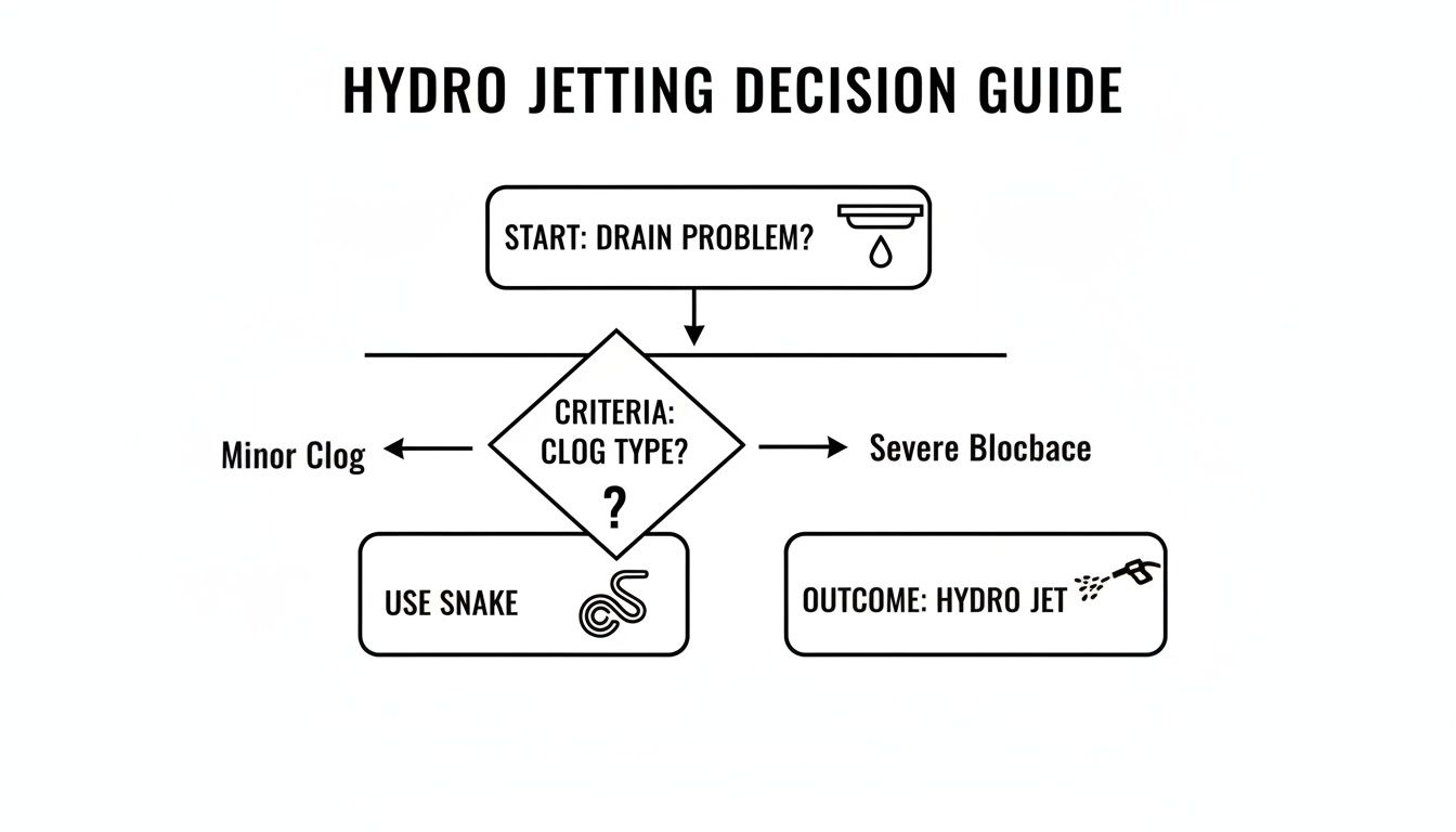 Hydro jetting decision guide flowchart outlining solutions for minor clogs versus severe blockages.