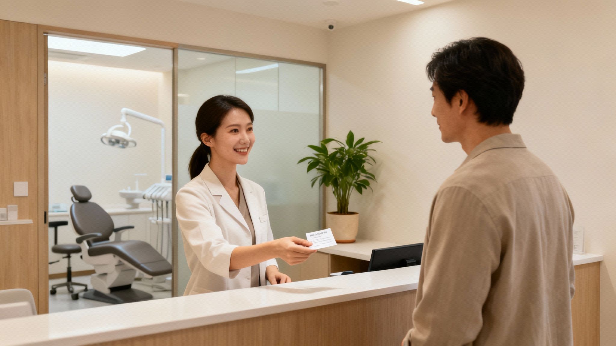 A friendly dental professional hands a business card to a male patient at a modern clinic reception.